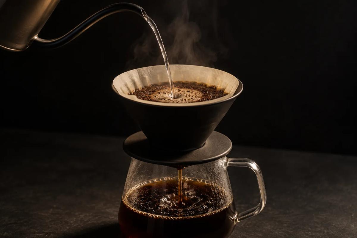 Hot water poured from a kettle into a pour-over dripper, with steam rising