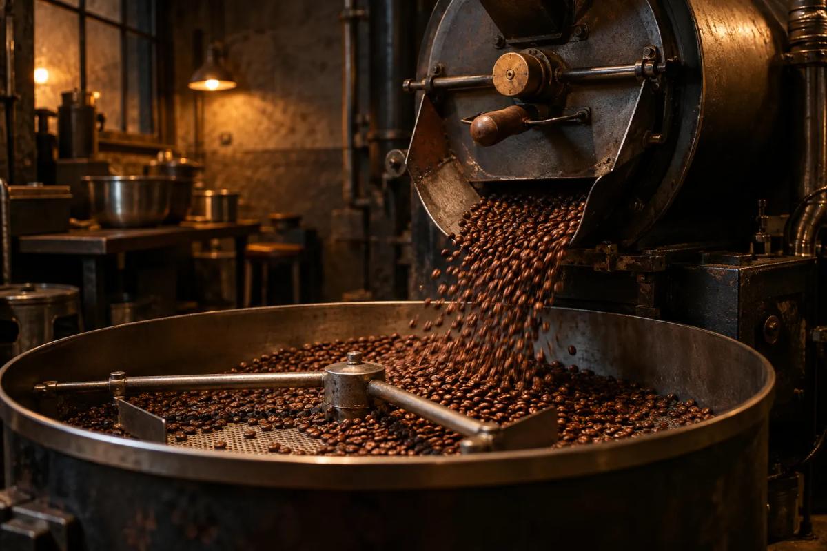 Freshly roasted coffee beans pouring from a small drum roaster into the cooling tray