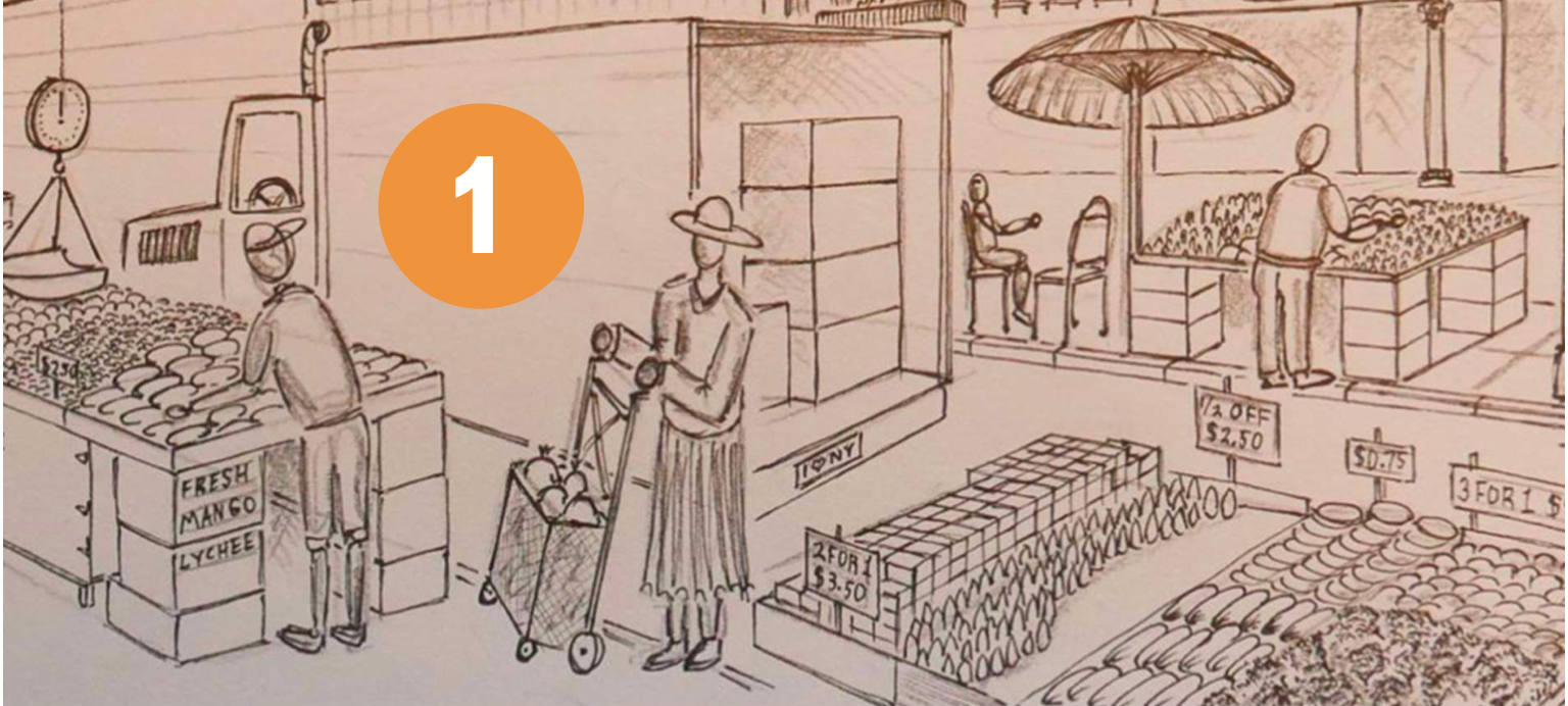 drawing by Myles Zhang of street vendors