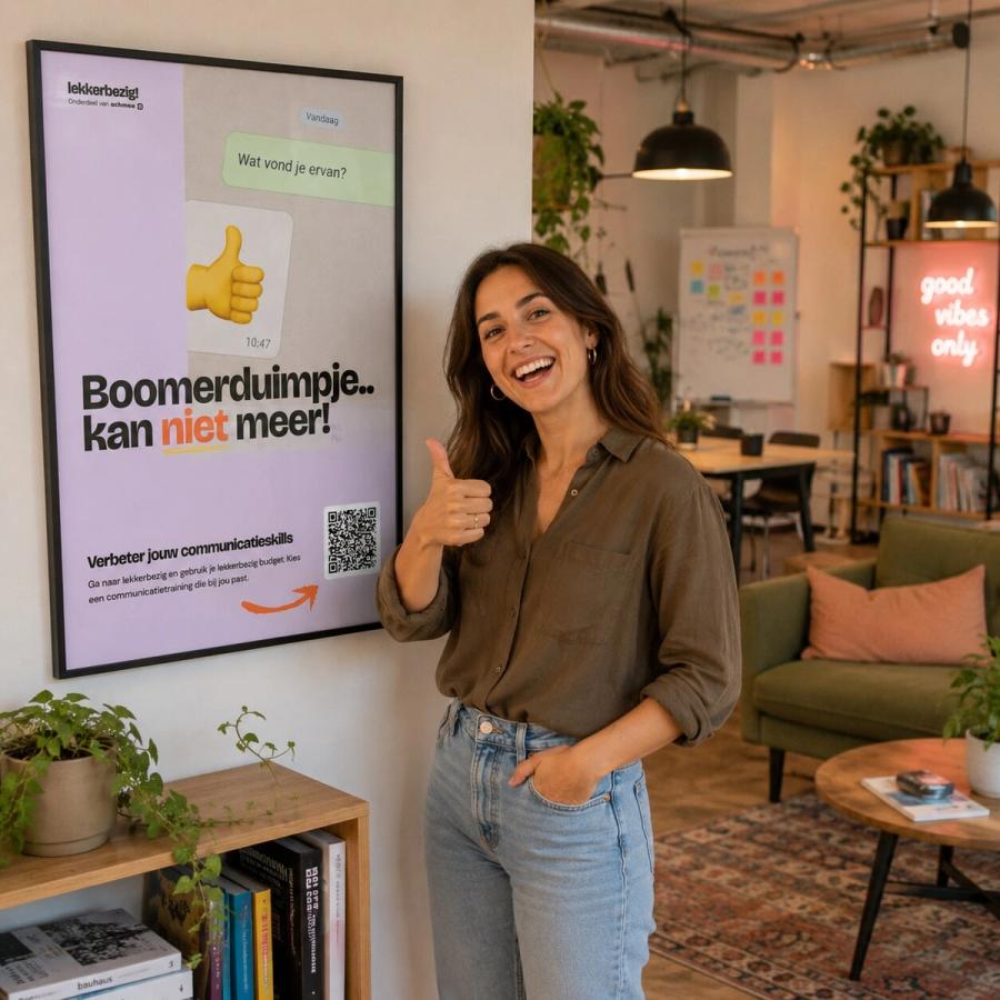 Collega met duim omhoog naast de poster 'Boomerduimpje, kan niet meer!'