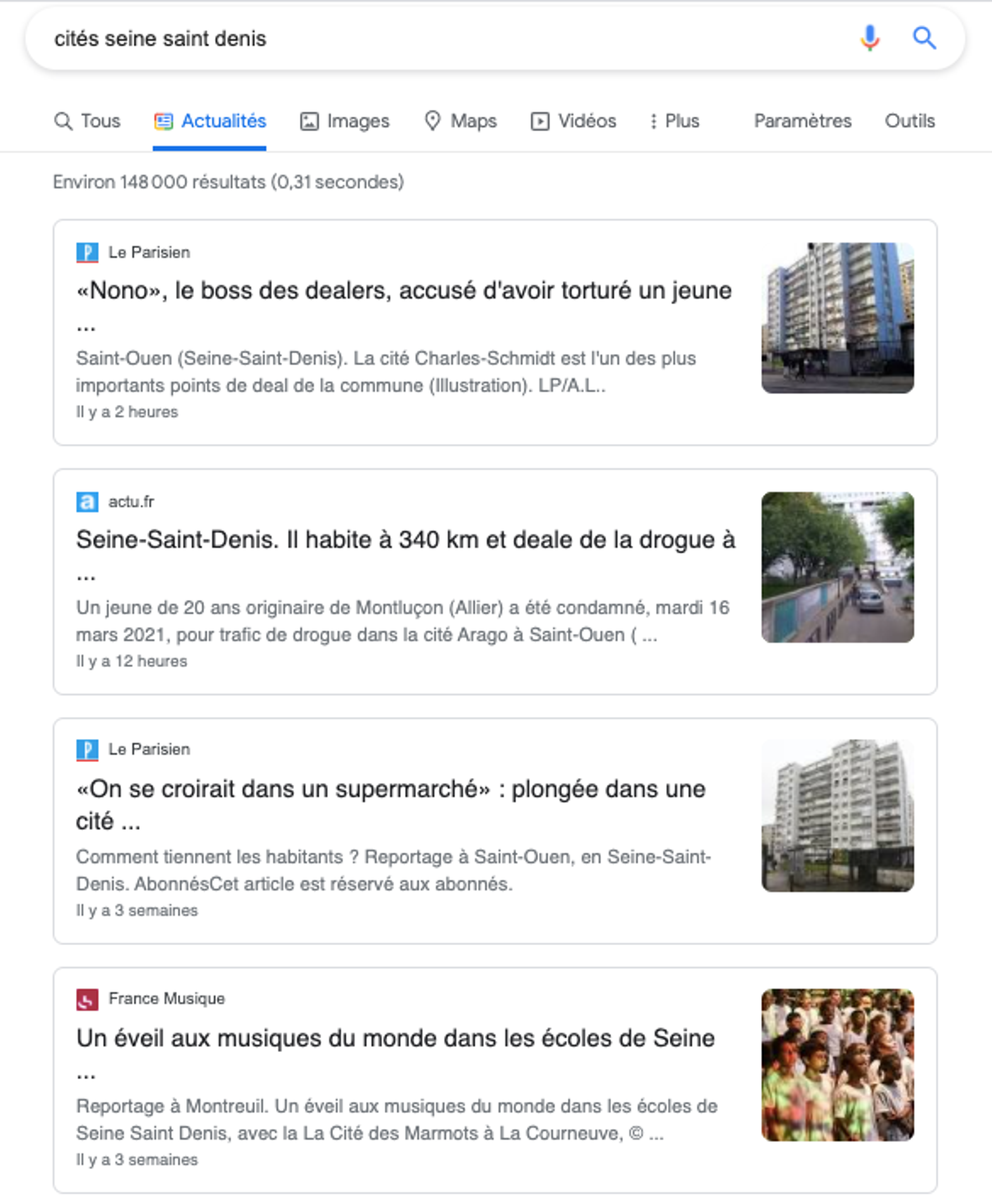 Résultat en tapant "cité seine saint denis" sur Google