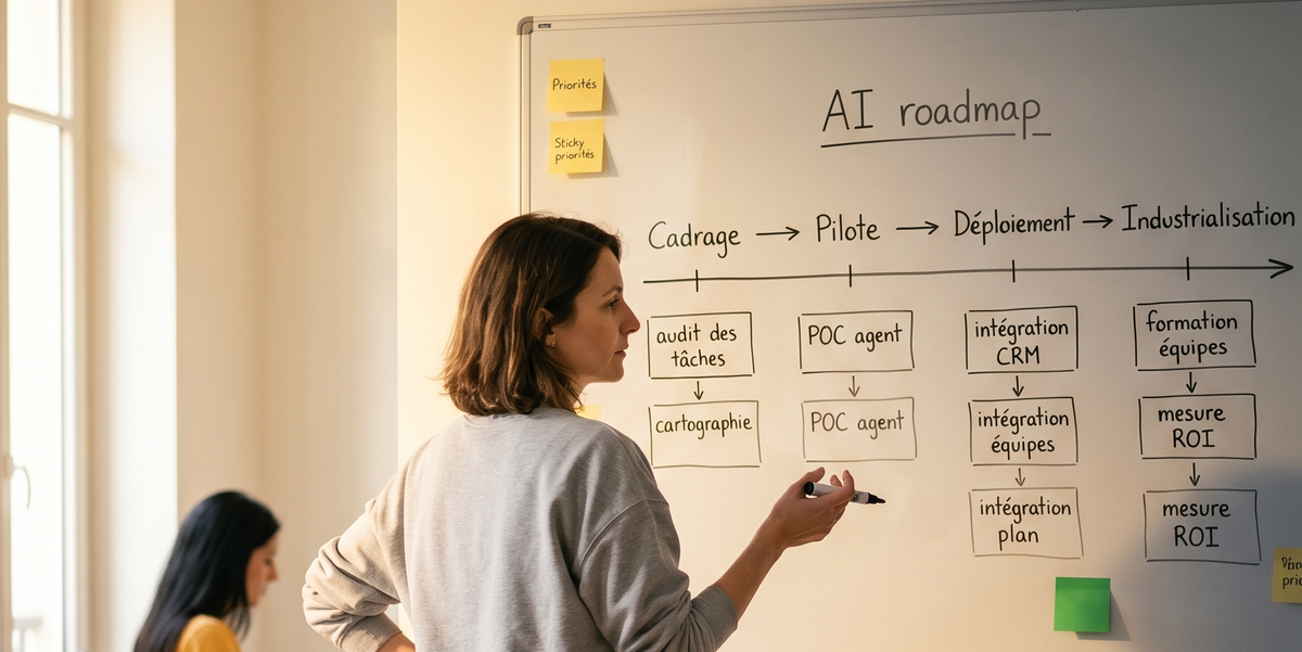 Personne au tableau face à une feuille de route IA