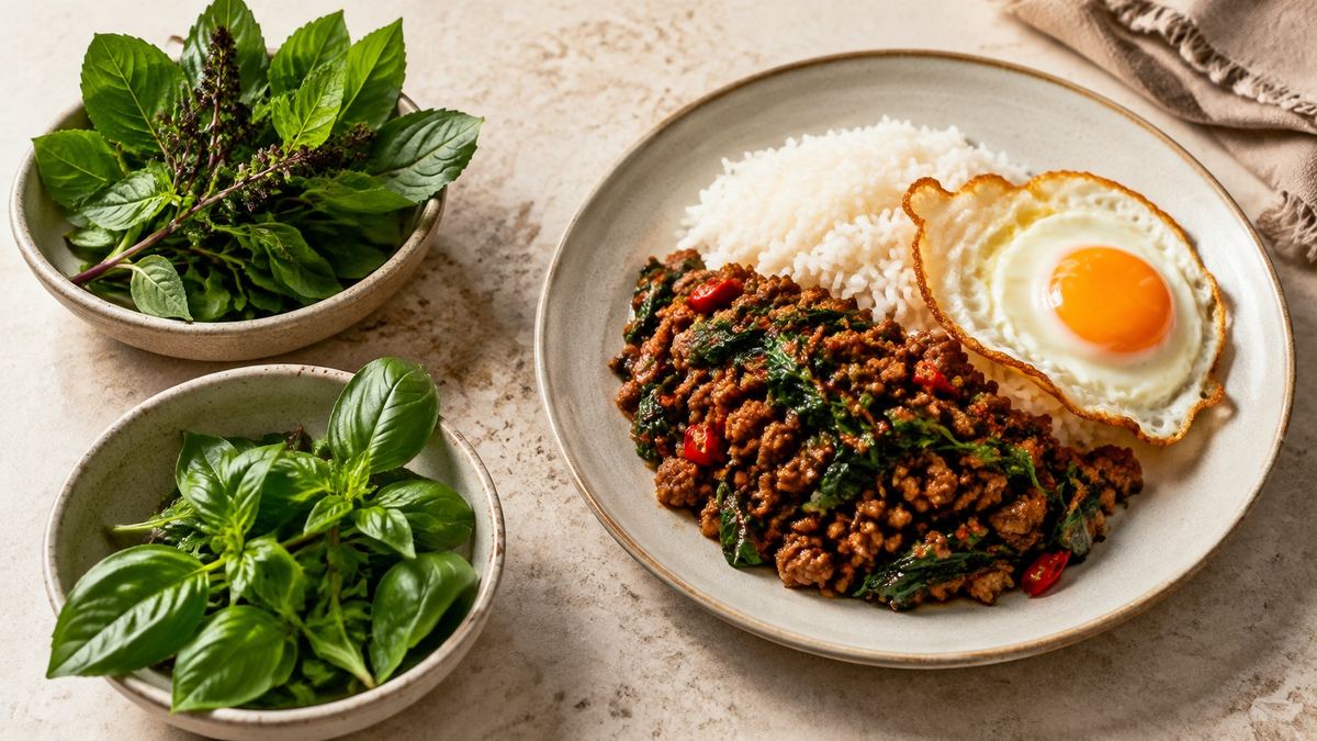 Fresh holy basil and Thai sweet basil beside pad kra pao, jasmine rice and a fried egg
