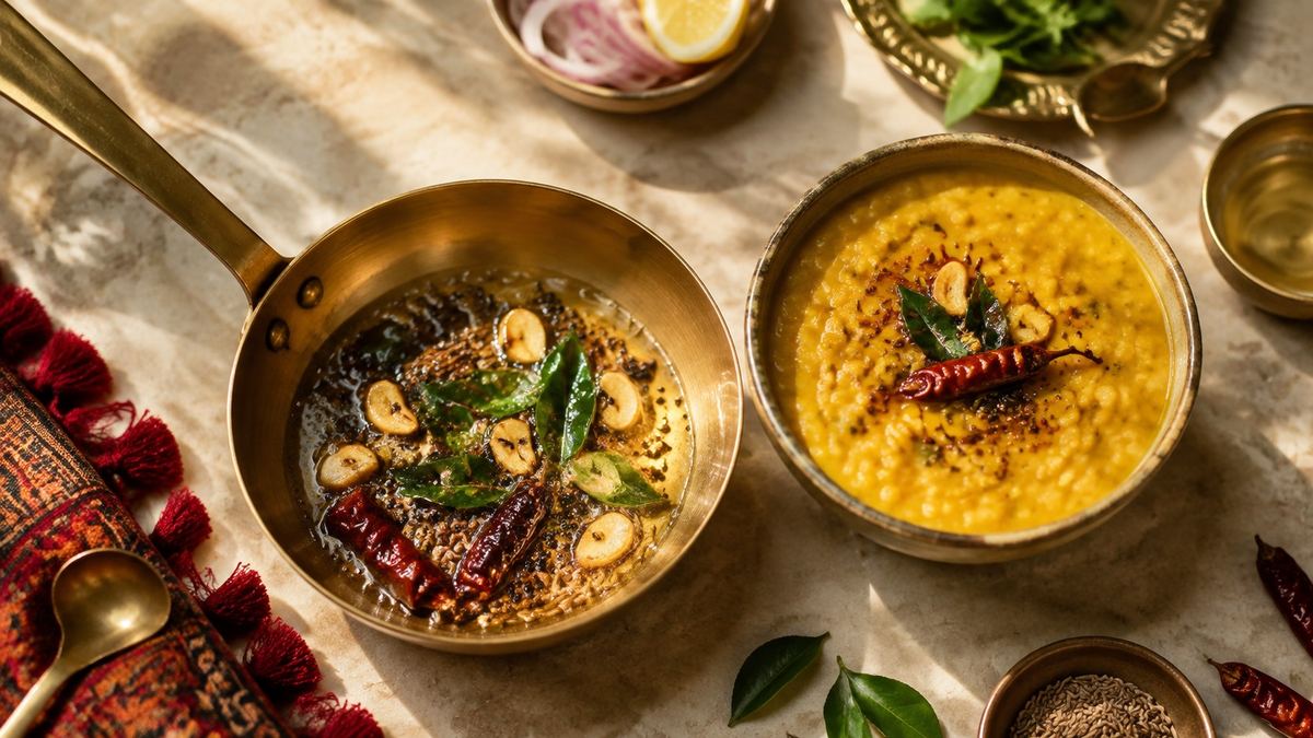A brass tadka pan with cumin, mustard seeds, garlic, curry leaves and dried chilli beside a bowl of yellow dal