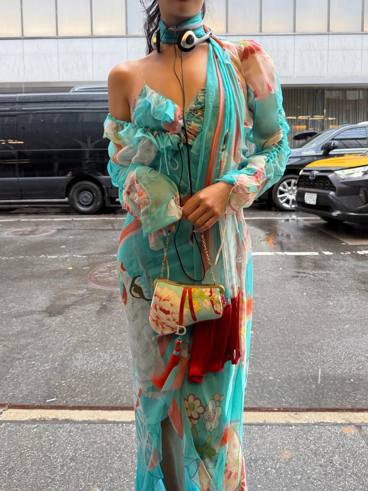 Christian Dior by John Galliano FW 2003-2004 Blue Silk Chiffon Oriental Print Ensemble