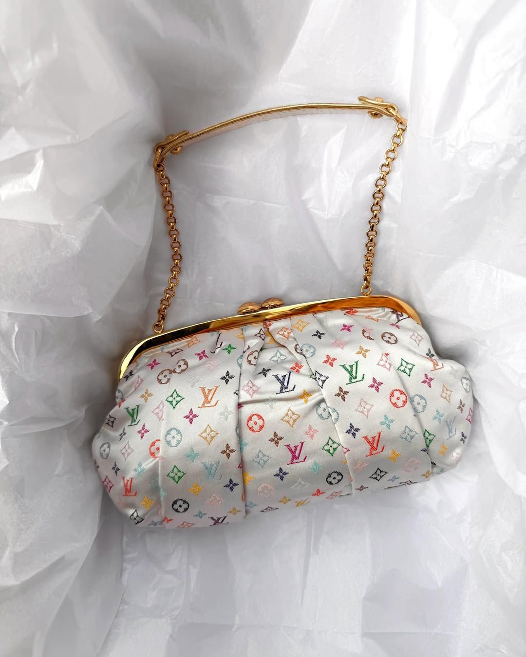 Louis Vuitton 2006 White Satin Multicolor Monogram Aumoniere Evening Bag