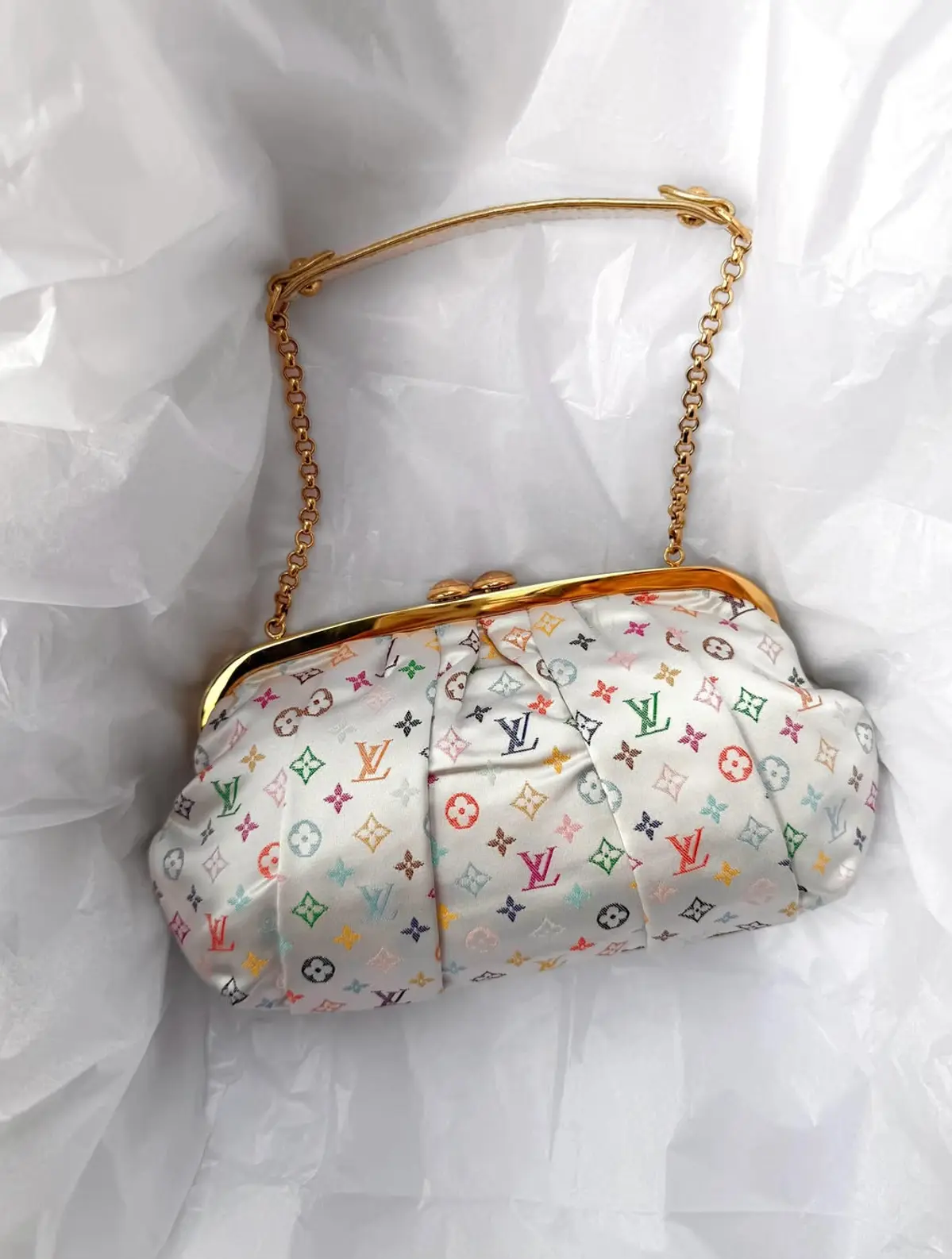 Louis Vuitton 2006 White Satin Multicolor Monogram Aumoniere Evening Bag