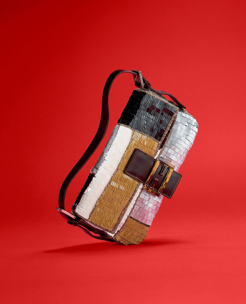 Archival Fendi excellence—where glitter-woven weave meets crystal-embellished suede.