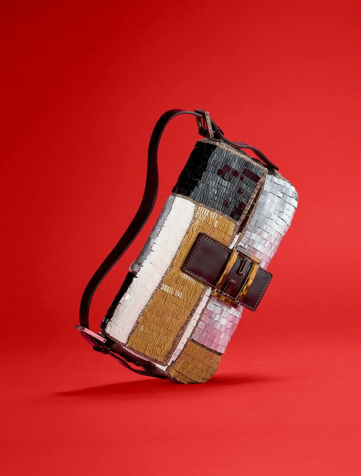 Archival Fendi excellence—where glitter-woven weave meets crystal-embellished suede.