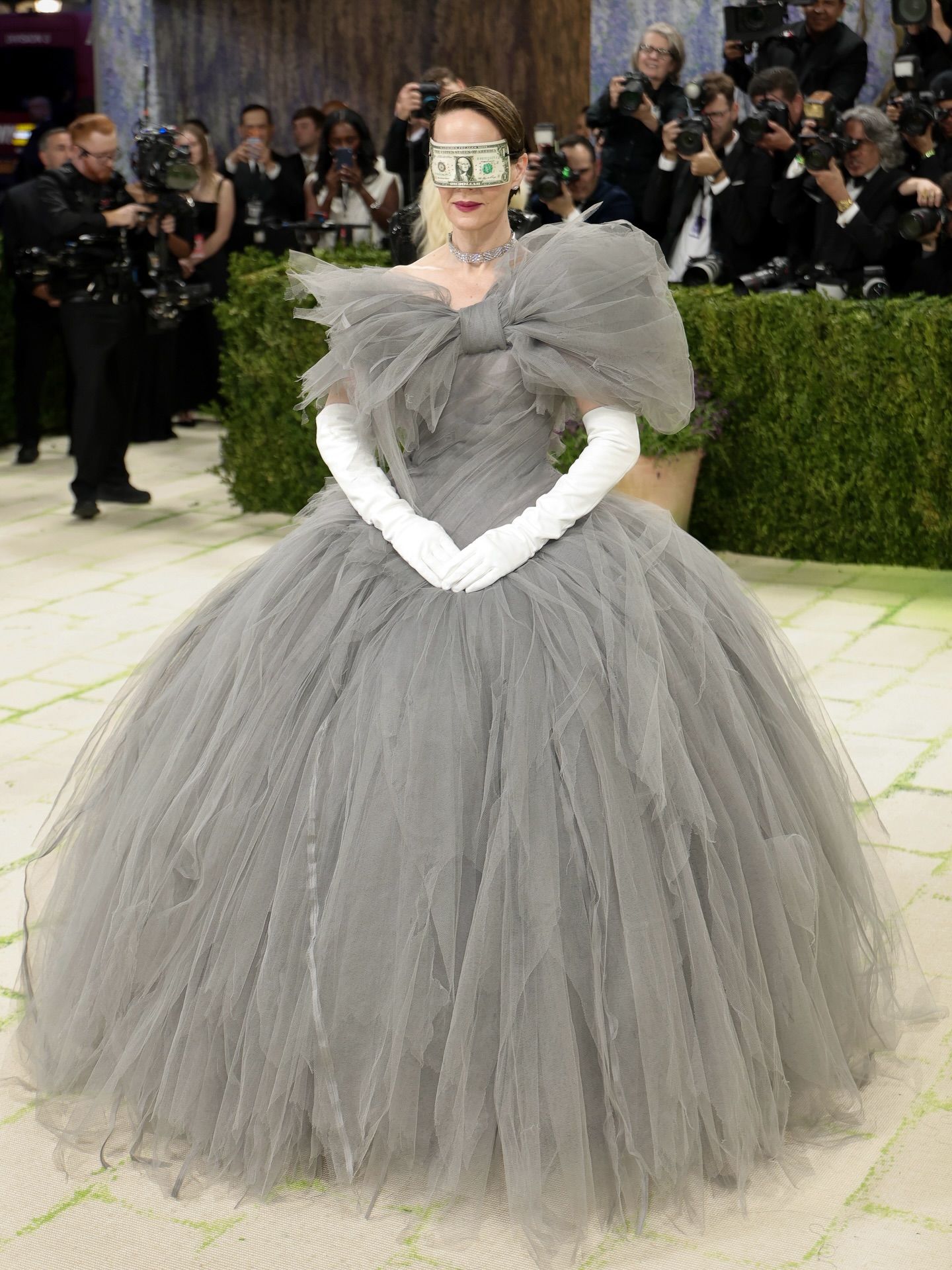 Sarah Paulson made one of the 2026 Met Gala's most talked-about statements in Matières Fécales' "The One Percent" couture collection, complete with the brand's symbolic "Blinded by Money" mask.