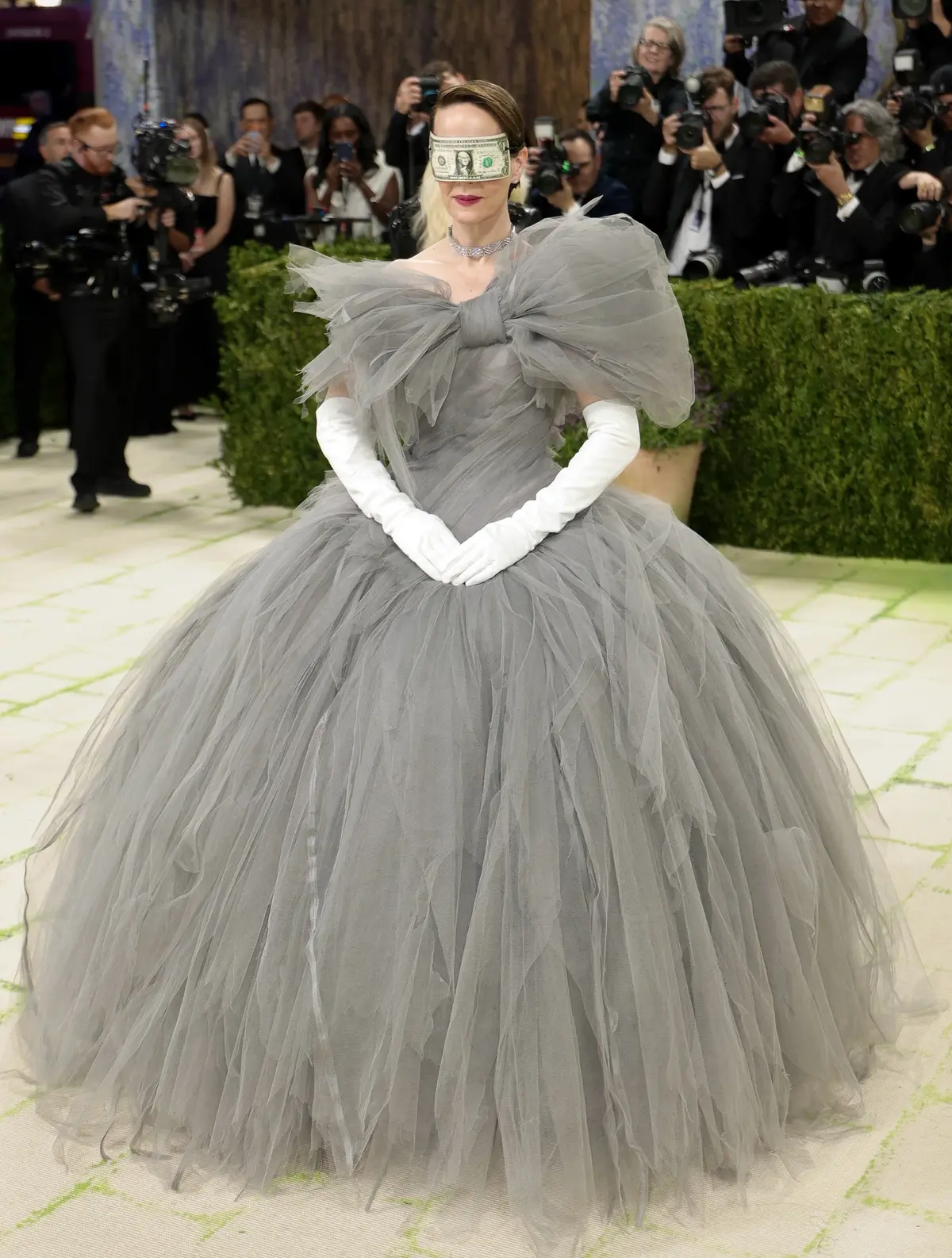 Sarah Paulson made one of the 2026 Met Gala's most talked-about statements in Matières Fécales' "The One Percent" couture collection, complete with the brand's symbolic "Blinded by Money" mask.
