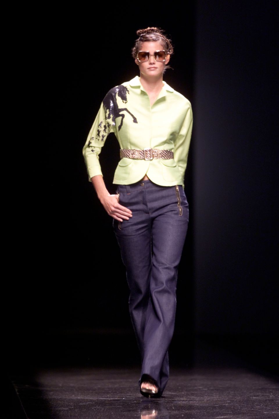 Chloé SS 2001 Neon Yellow Silk Jacket with Embroidered Horse on Runway