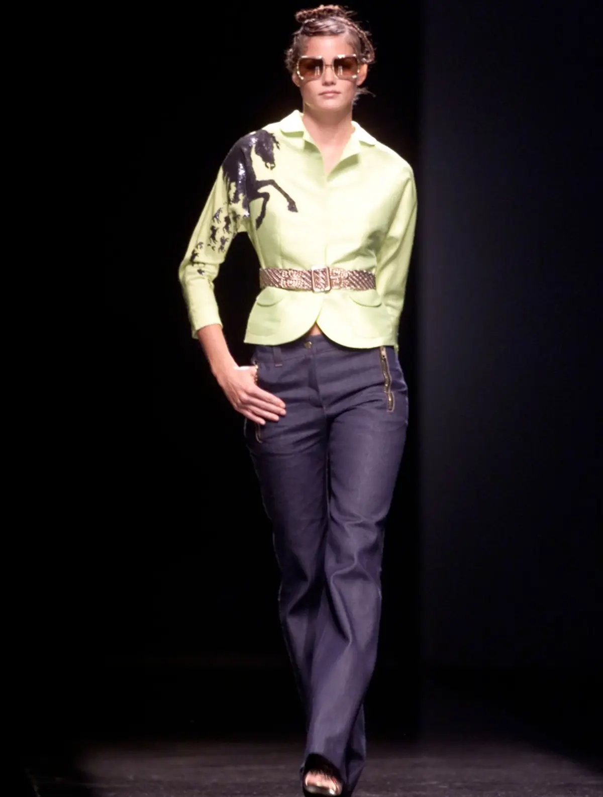 Chloé SS 2001 Neon Yellow Silk Jacket with Embroidered Horse on Runway