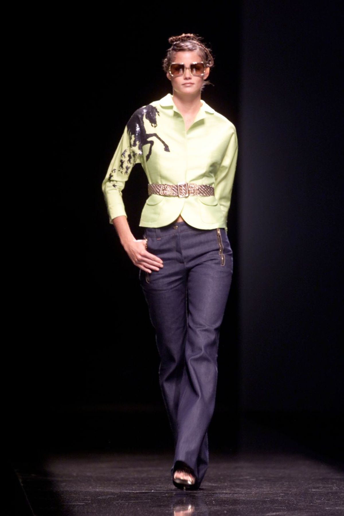 Chloé SS 2001 Neon Yellow Silk Jacket with Embroidered Horse on Runway