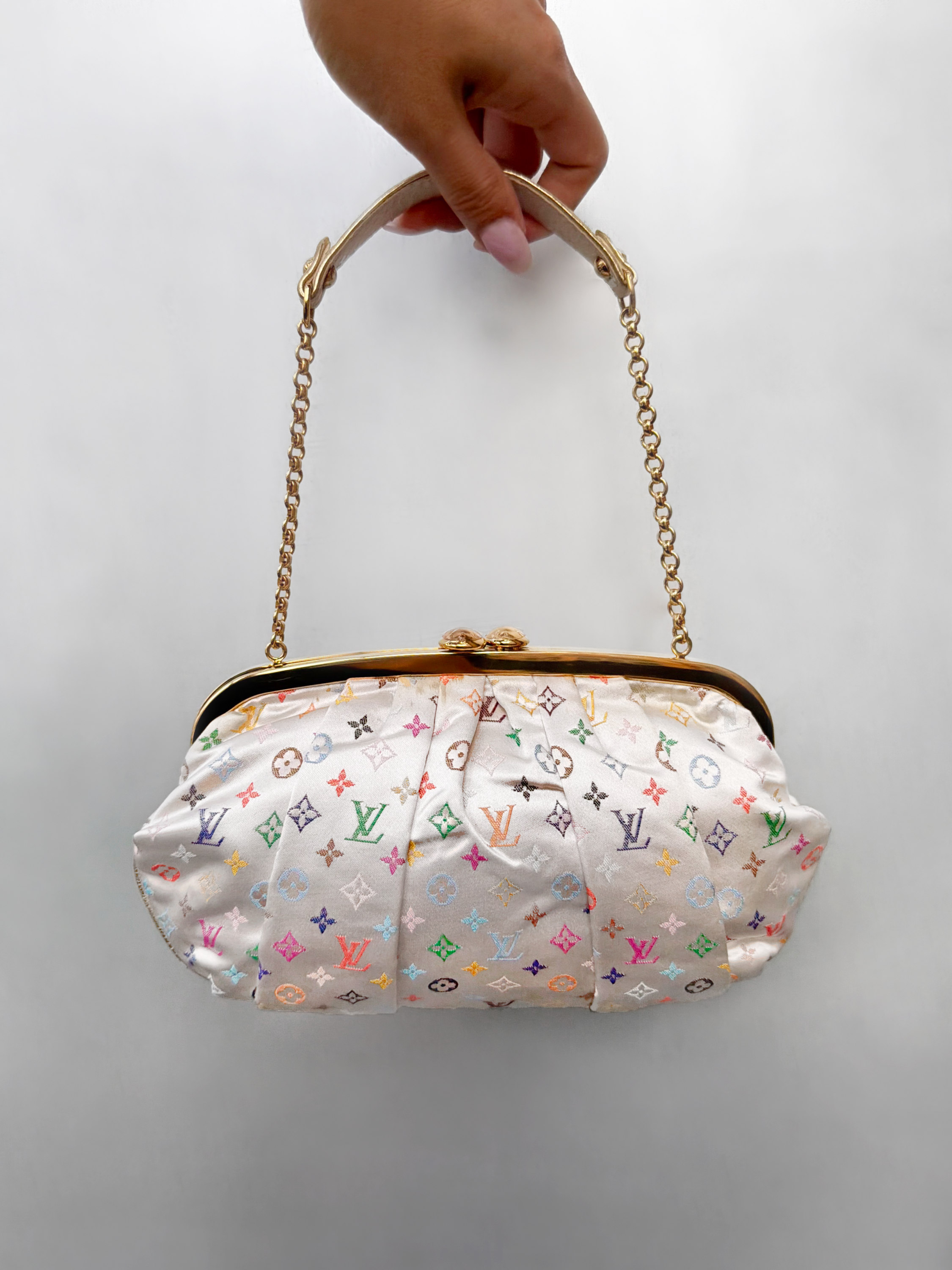 Louis Vuitton 2006 White Satin Multicolor Monogram Aumoniere Evening Bag