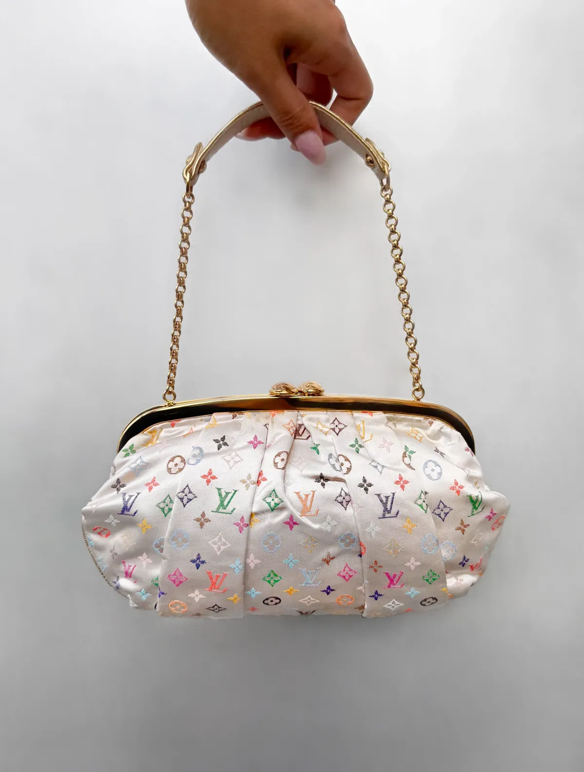 Louis Vuitton 2006 White Satin Multicolor Monogram Aumoniere Evening Bag