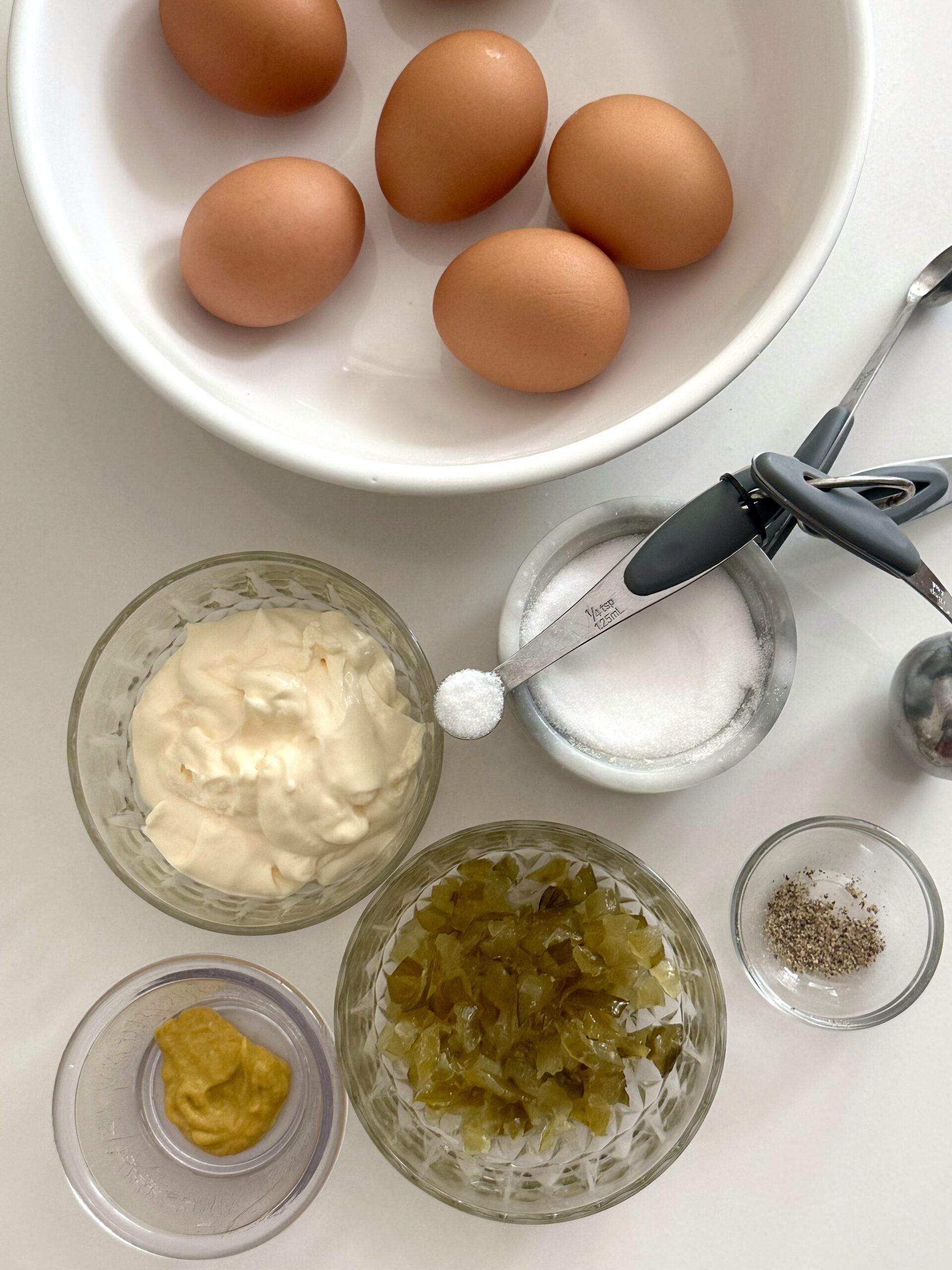Hard-boiled eggs ready to be chopped for Southern egg salad