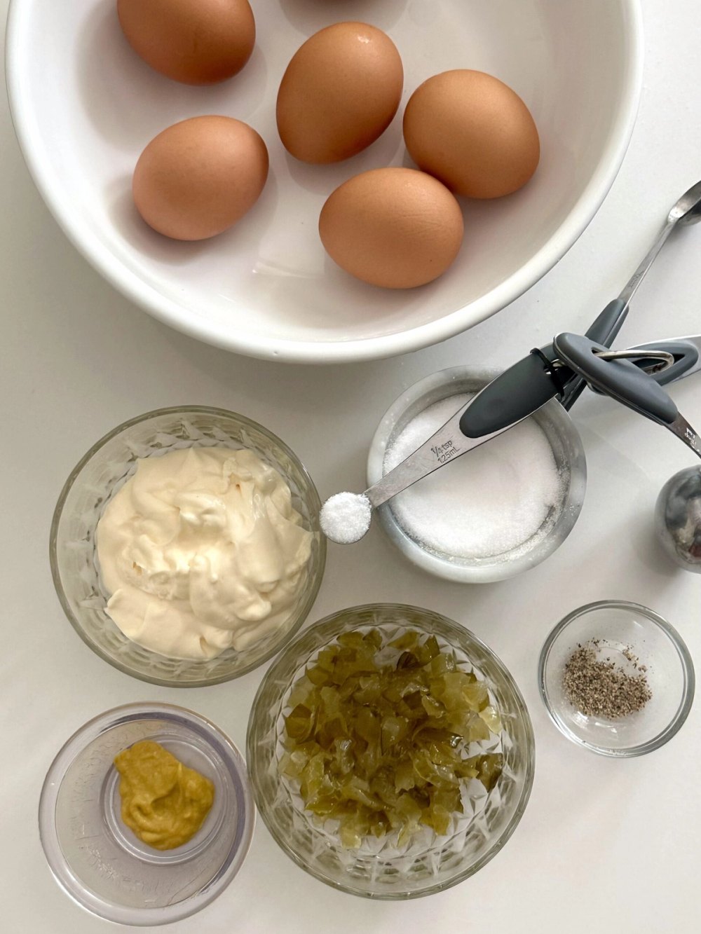 Hard-boiled eggs ready to be chopped for Southern egg salad