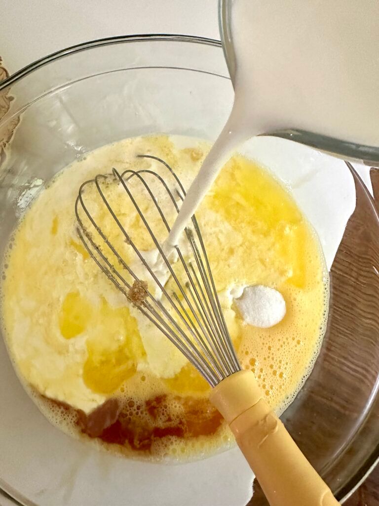 Rich custard prepared for the French toast casserole