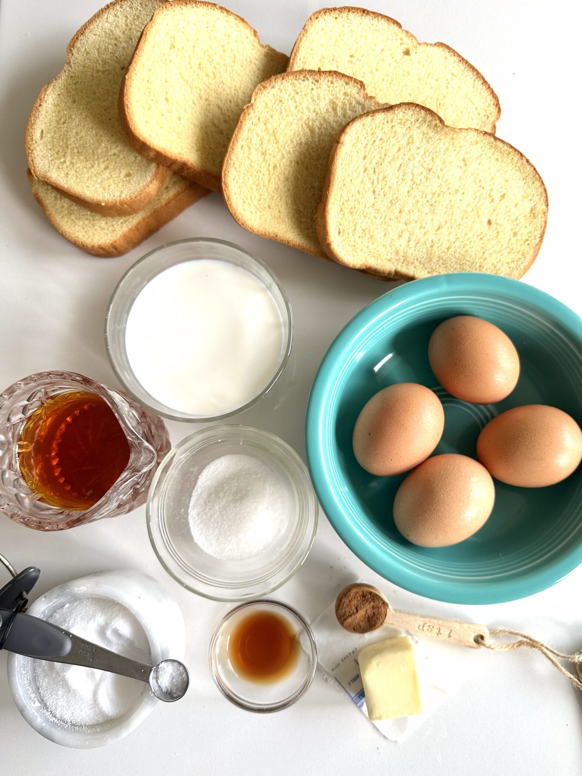 Eggs, milk, cinnamon, sugar, and vanilla whisked into French toast custard