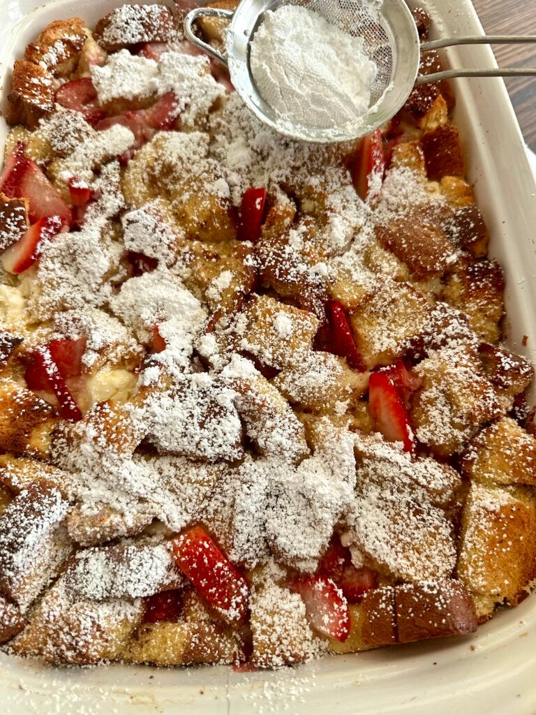Strawberry cheesecake French toast casserole ready for brunch