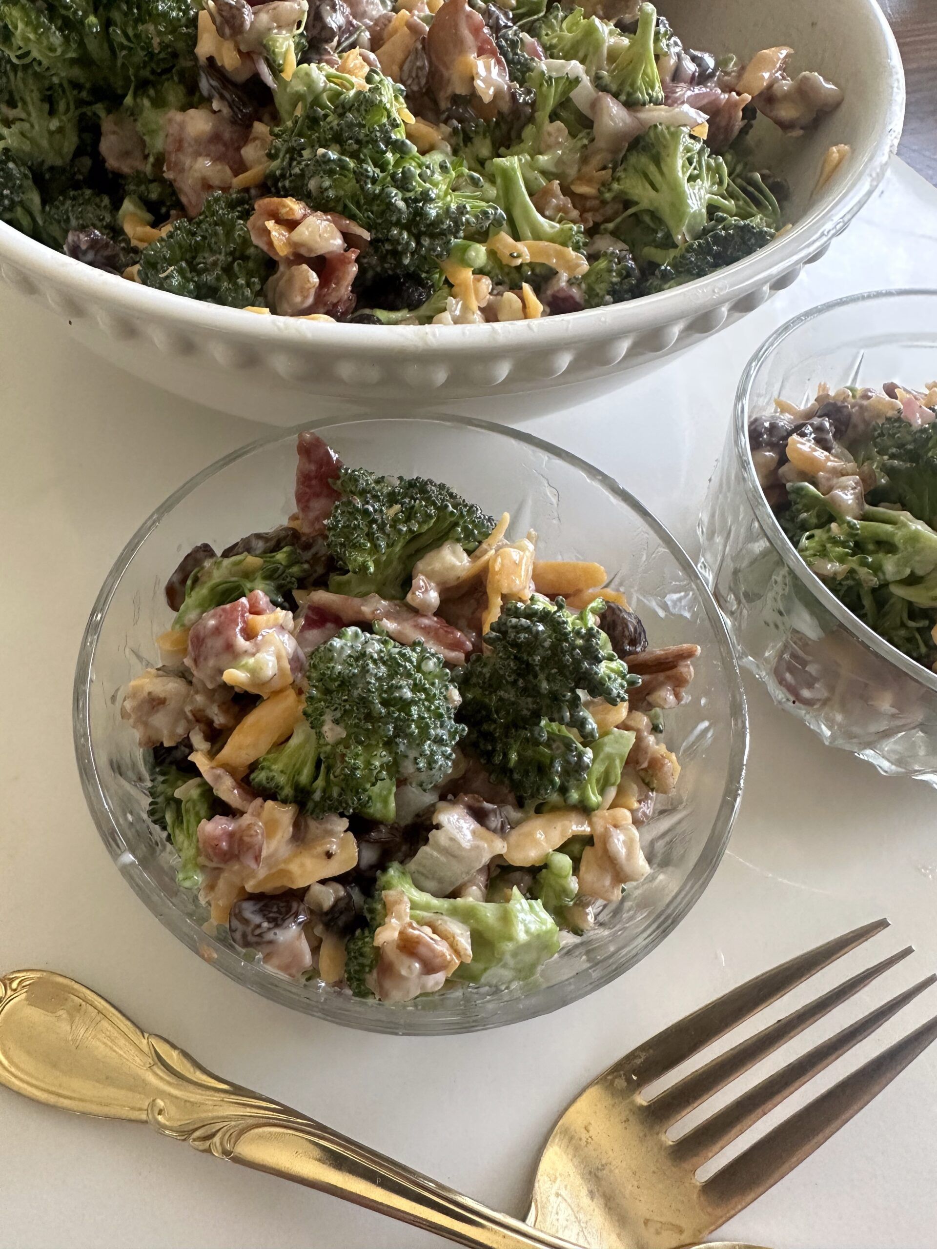 Finished broccoli raisin salad ready to chill and serve