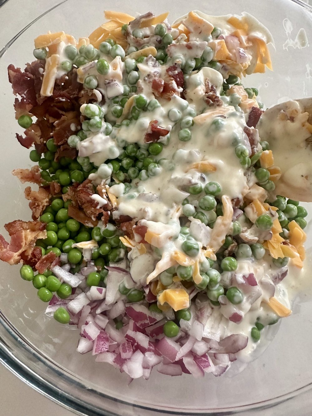 Southern pea salad gently folded together before chilling
