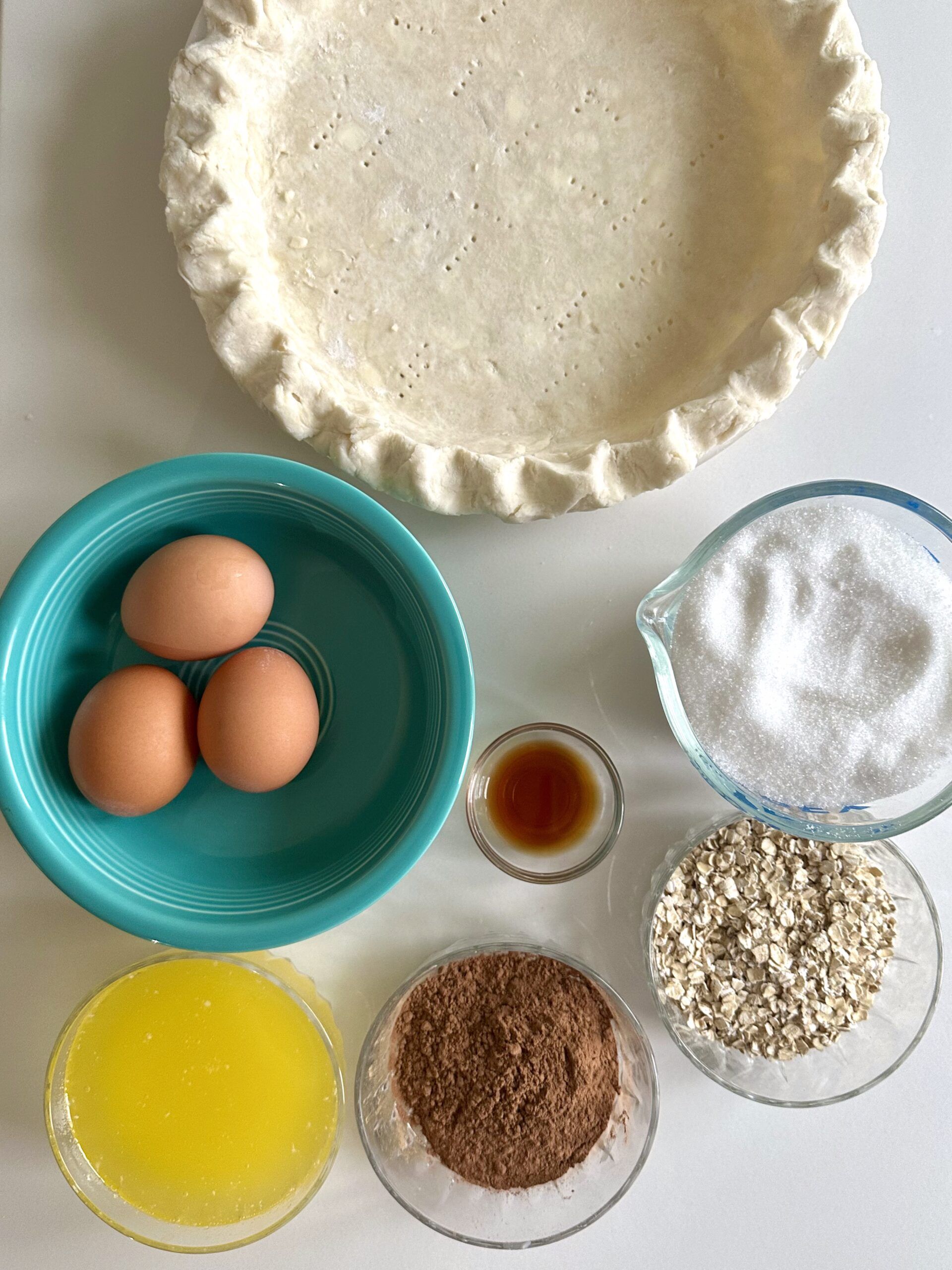 Chocolate fudge pie ingredients measured and ready to mix