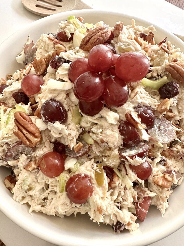 Southern chicken salad with grapes, pecans, and cranberries