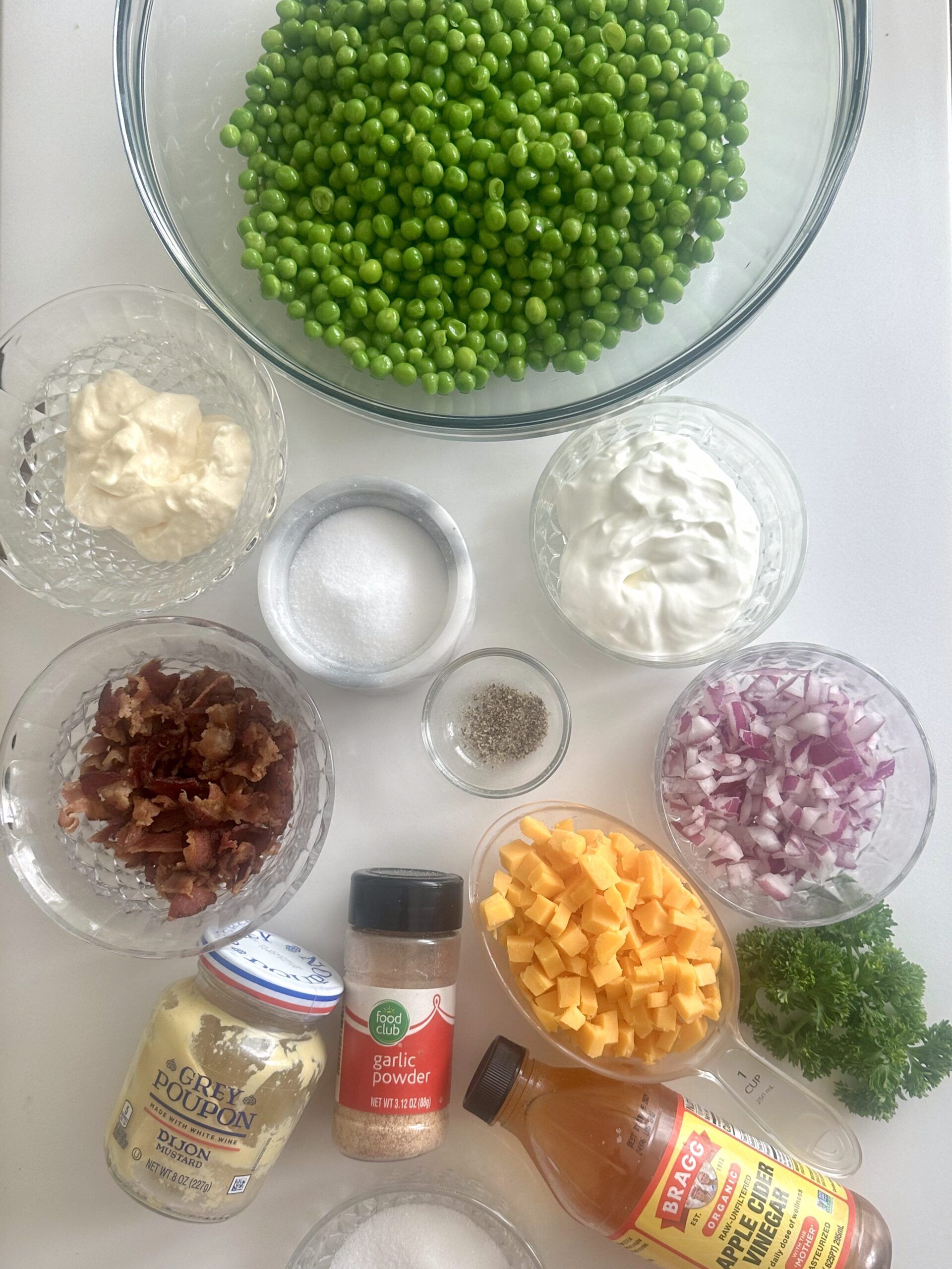 Southern pea salad ingredients prepared for mixing