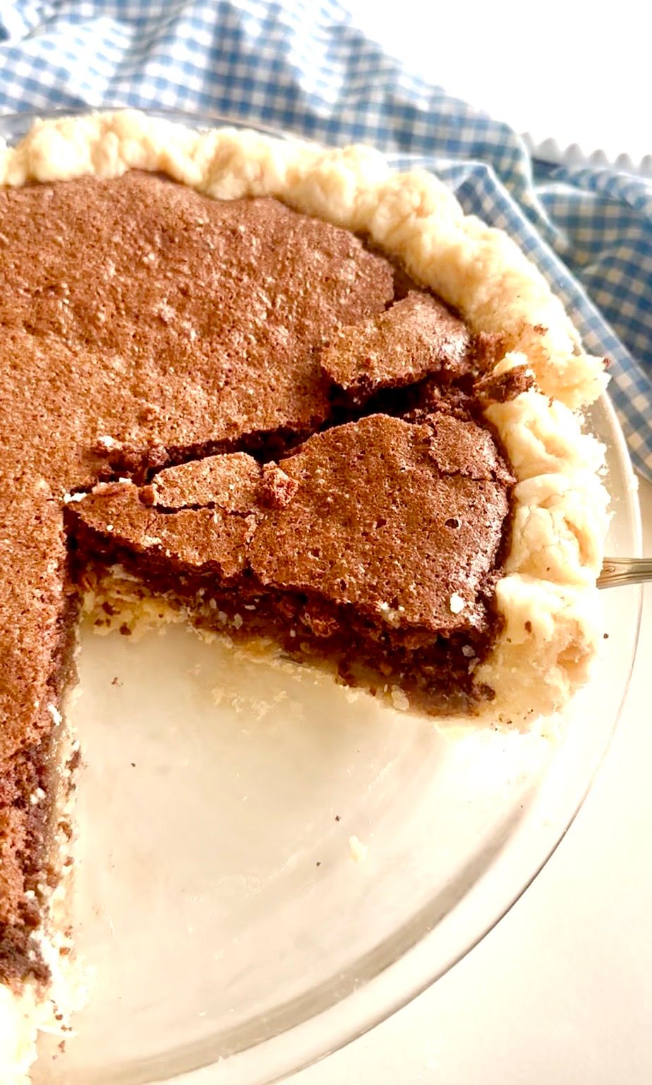 Old fashioned chocolate fudge pie with a rich gooey center