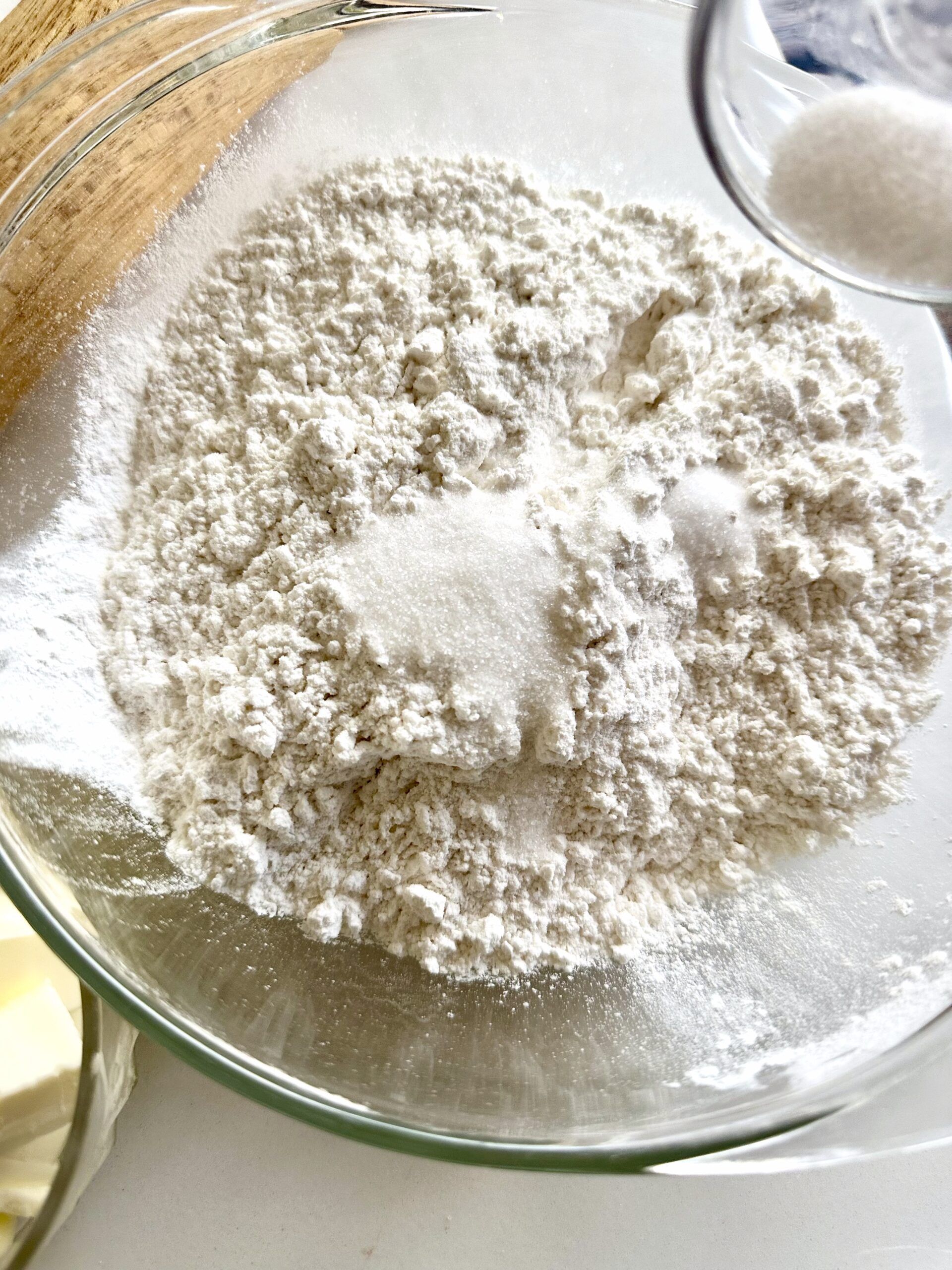 Flour, salt, and sugar whisked together for pie dough