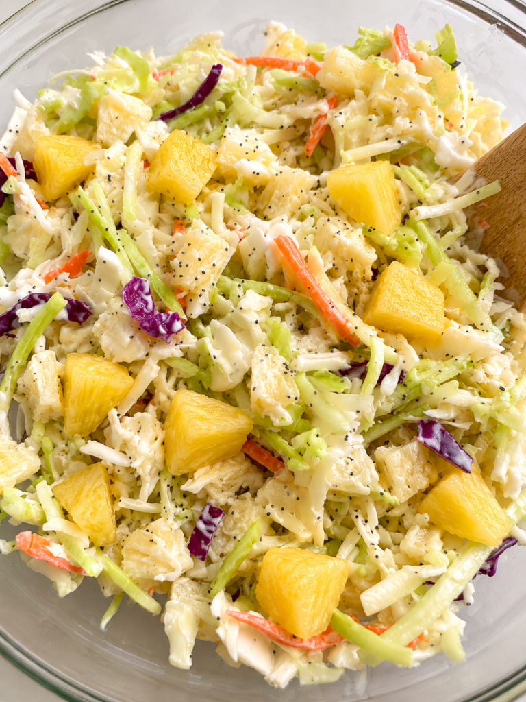 Pineapple coleslaw with green and purple cabbage