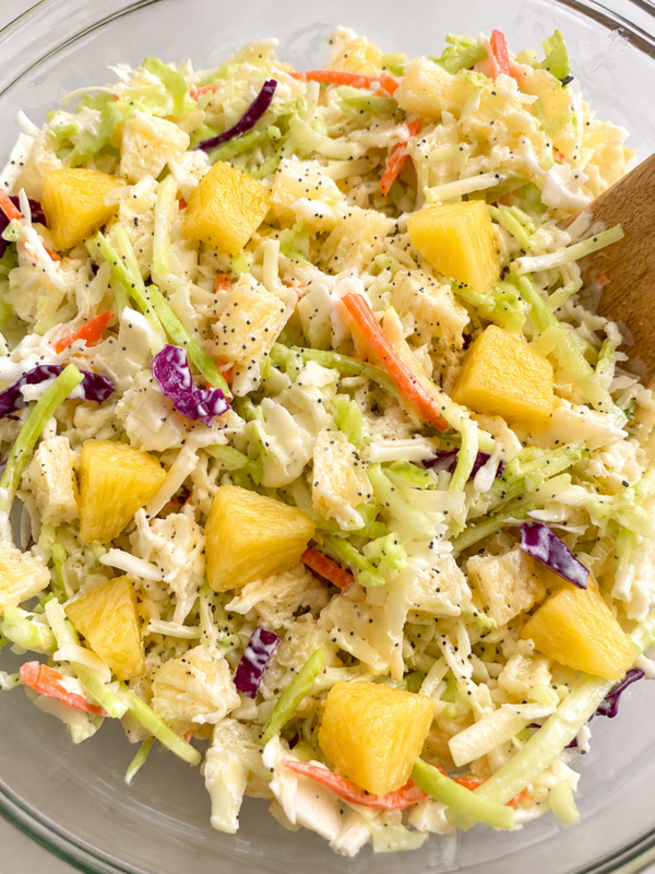 Pineapple coleslaw with green and purple cabbage