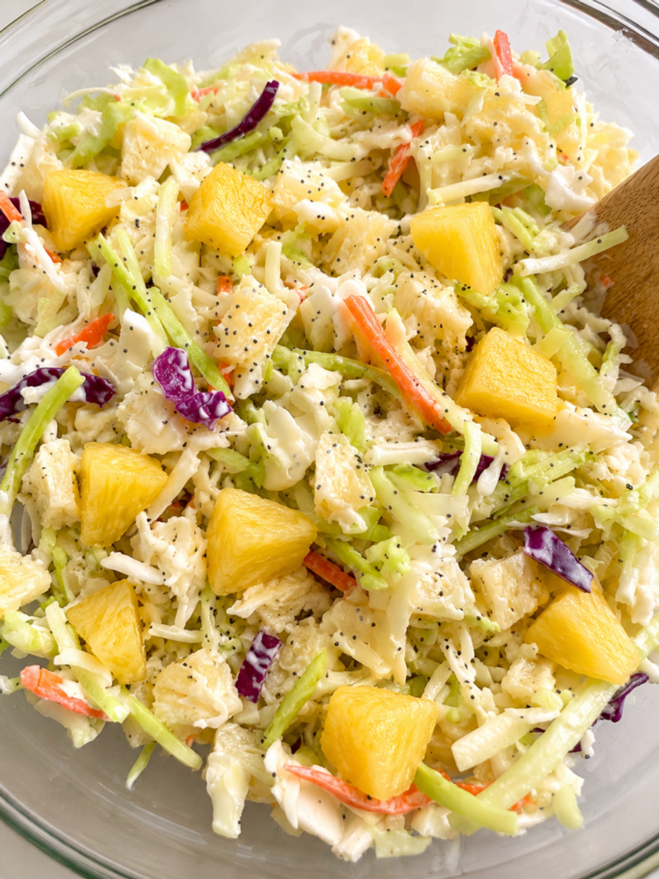 Pineapple coleslaw with green and purple cabbage