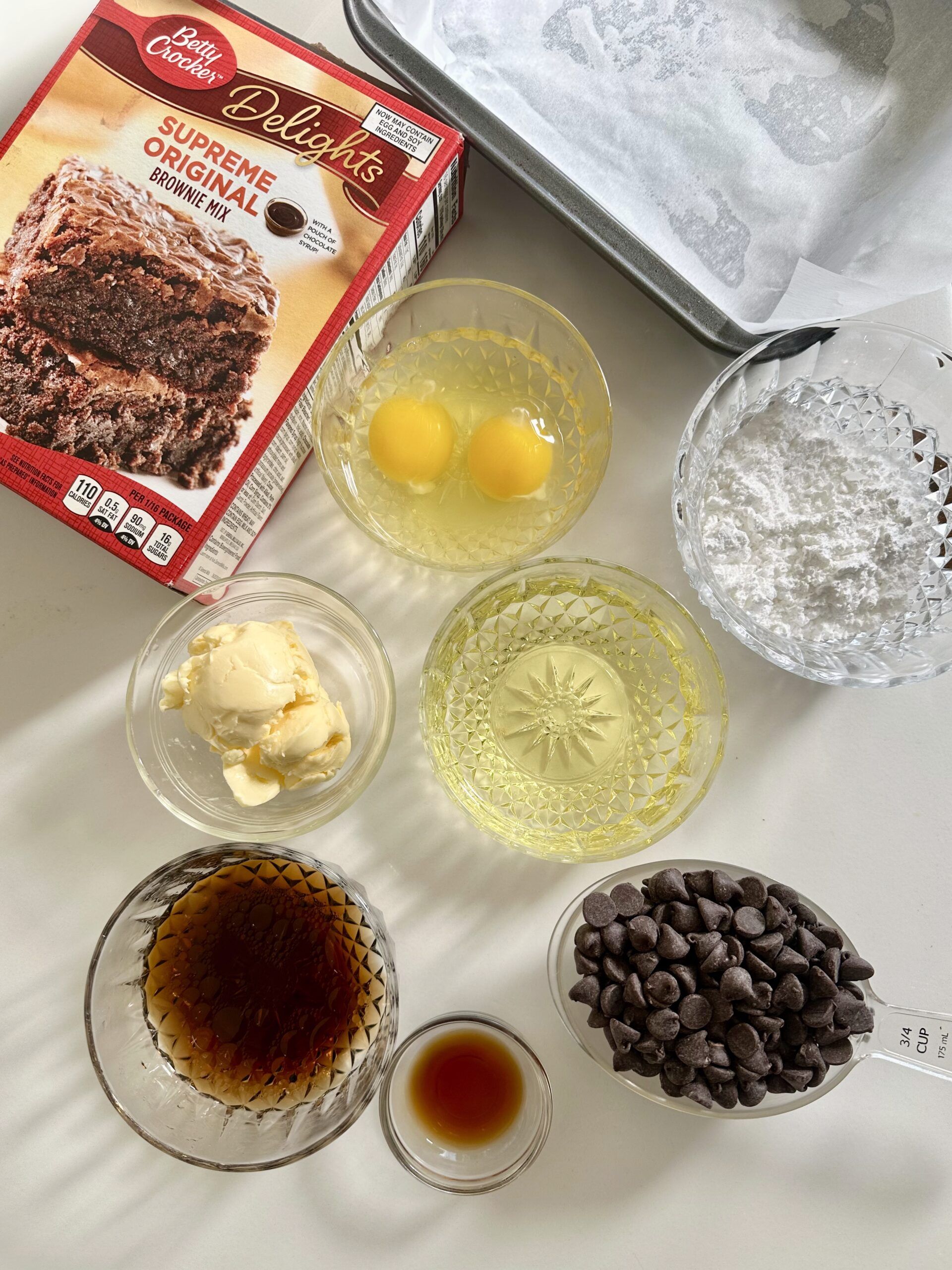 Chocolate chips, butter, Guinness, powdered sugar, and vanilla for brownie icing