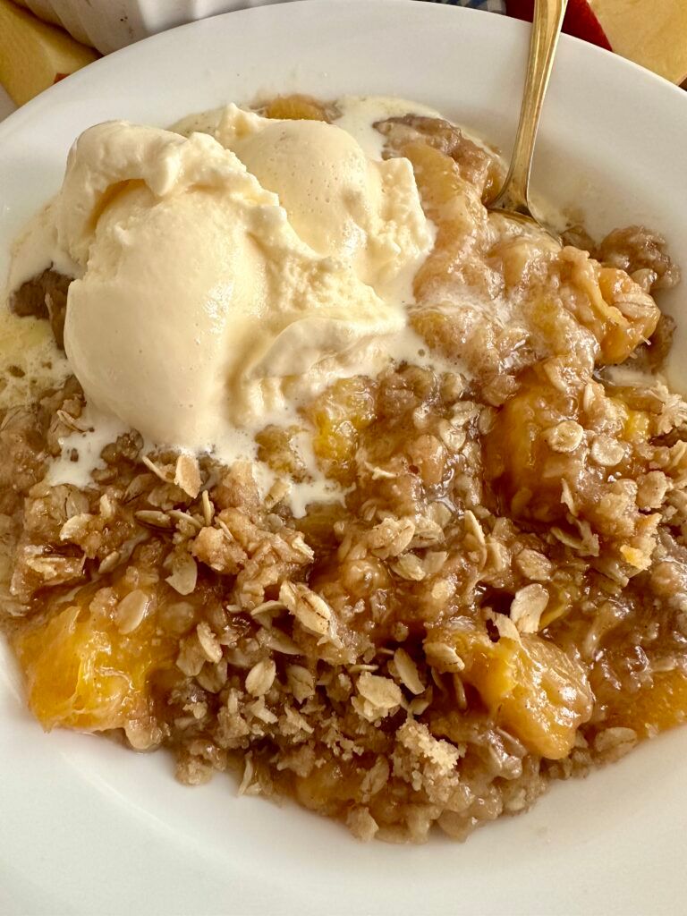Southern peach crisp ready to serve