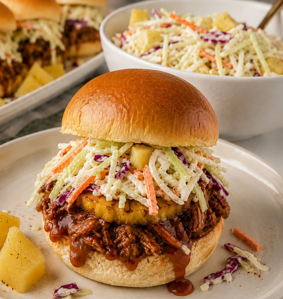 Barbecue slider topped with pineapple coleslaw and grilled pineapple