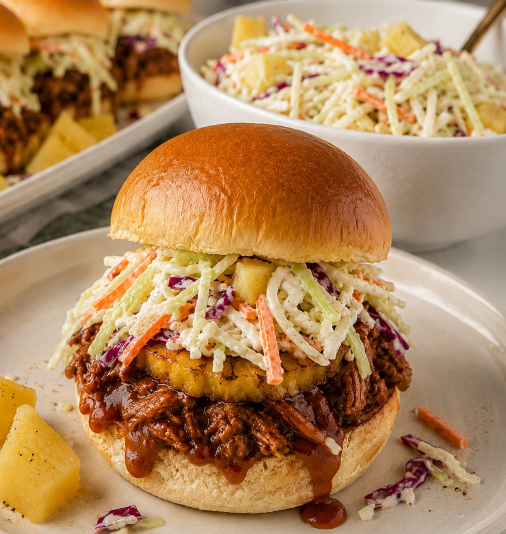 Barbecue slider topped with pineapple coleslaw and grilled pineapple