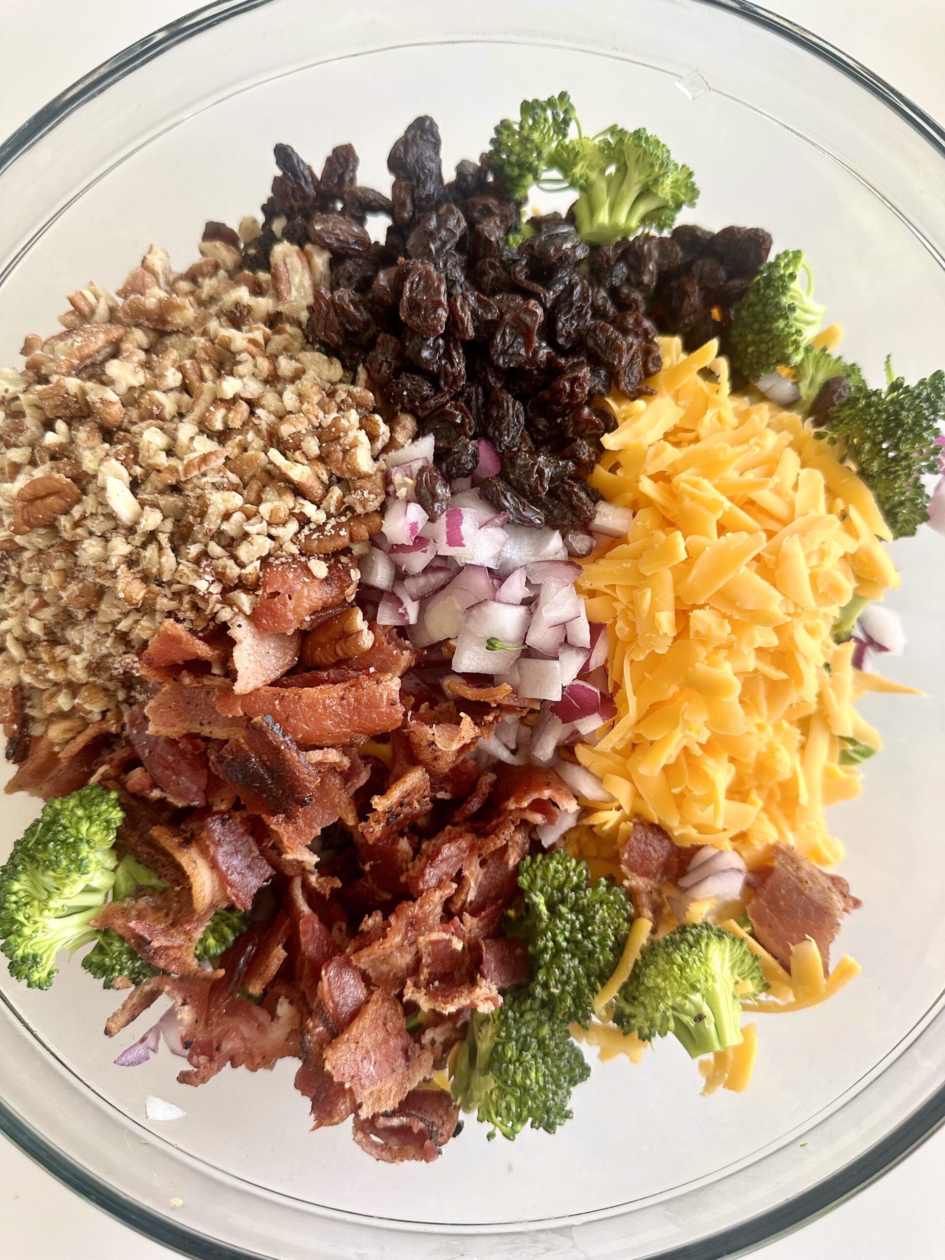 Red onion, pecans, raisins, cheese, and bacon added to chopped broccoli