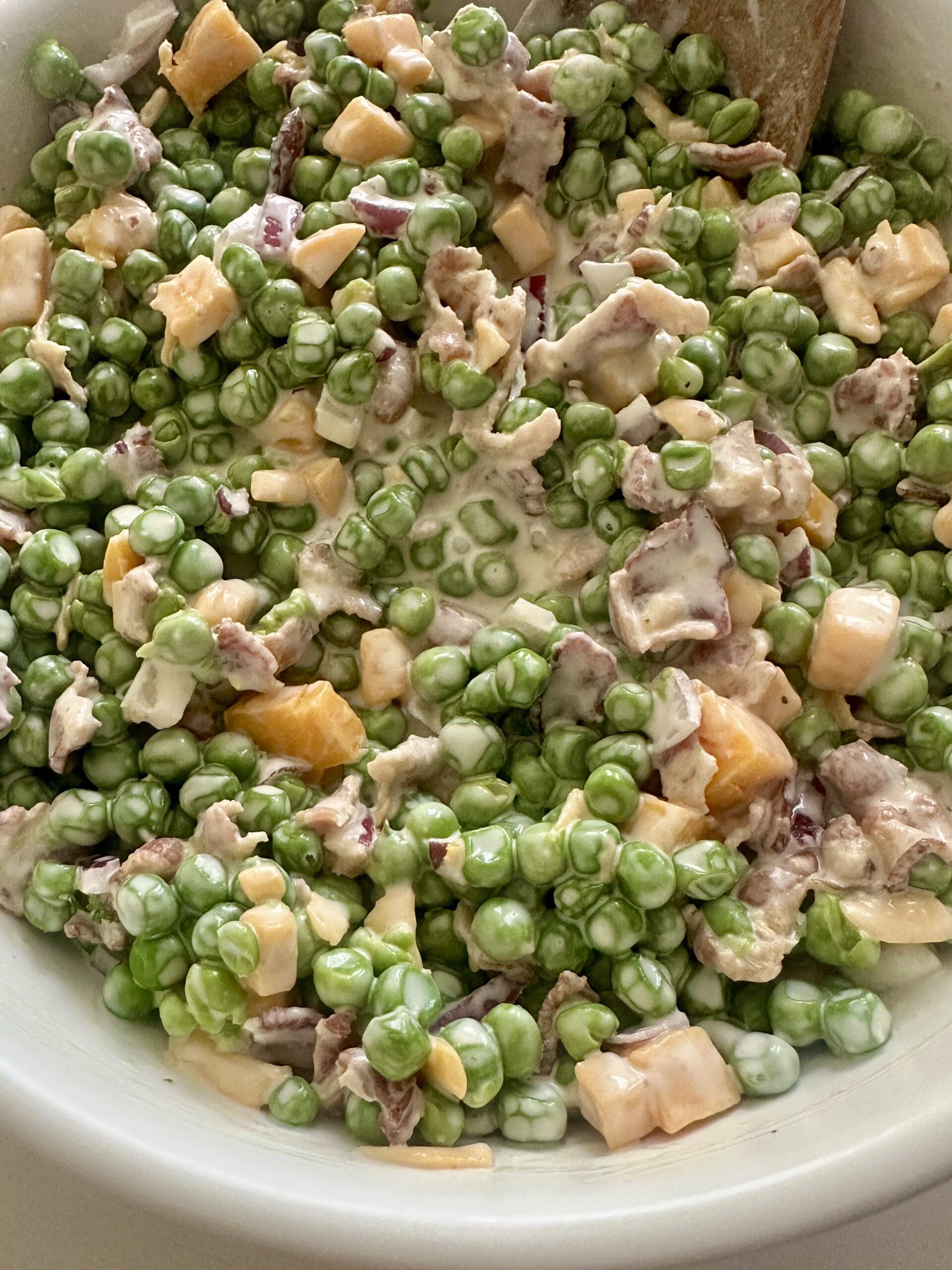 Finished creamy Southern pea salad with bacon and cheddar