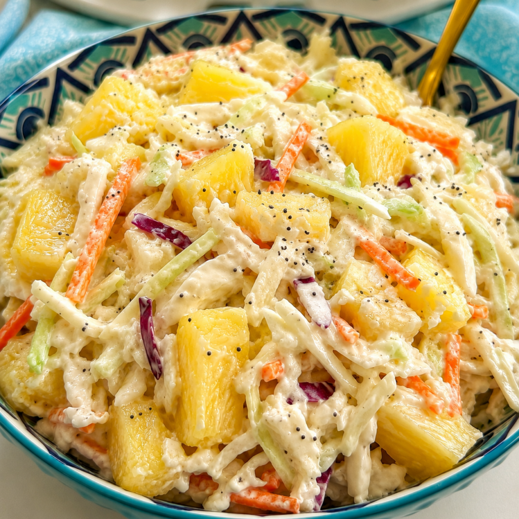 Creamy pineapple coleslaw ready for a summer gathering