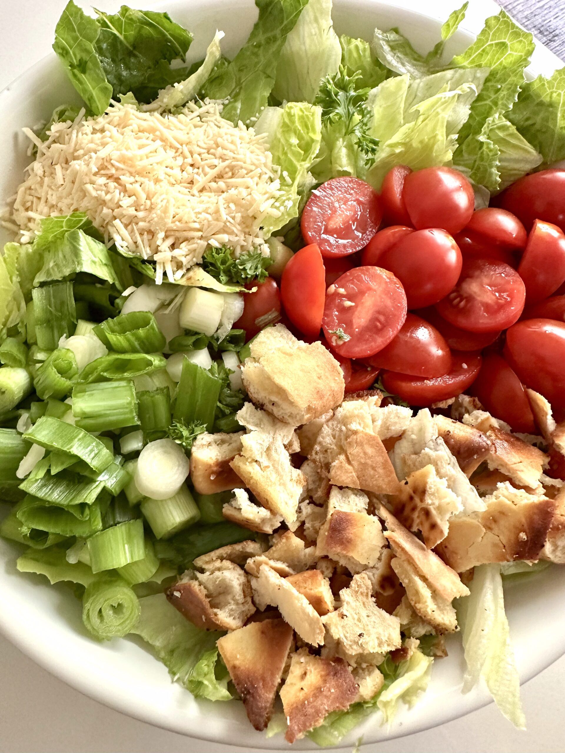 Romaine, iceberg, tomatoes, green onions, parsley, and Parmesan in a salad bowl