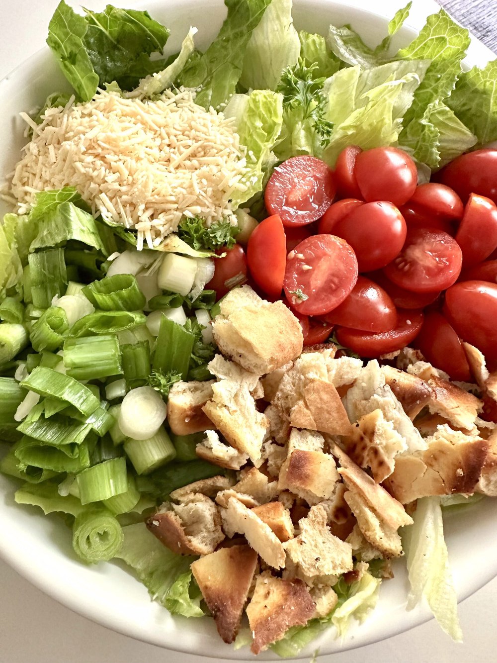 Romaine, iceberg, tomatoes, green onions, parsley, and Parmesan in a salad bowl