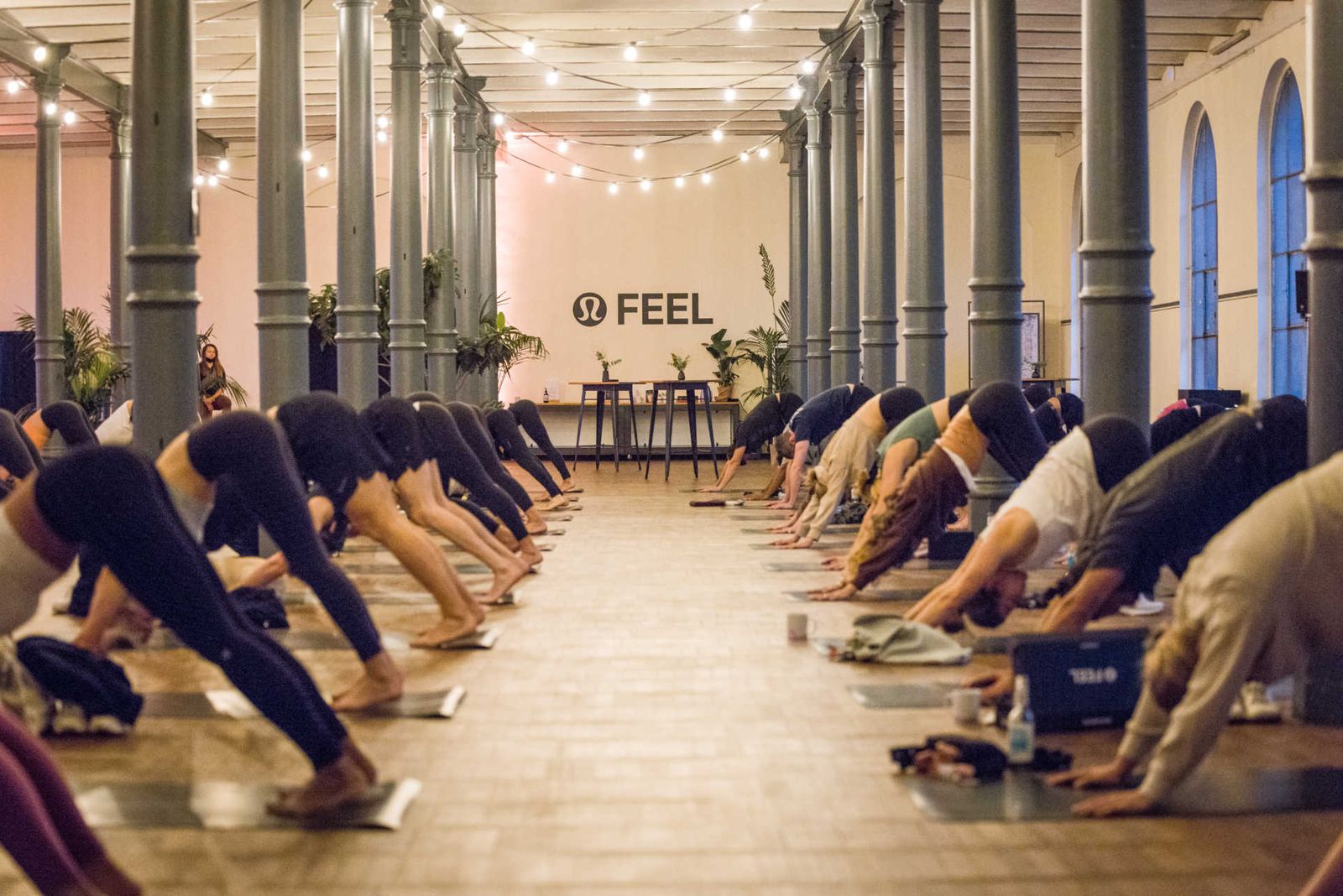 Long industrial hall with many columns and two long rows of people practicing yoga.