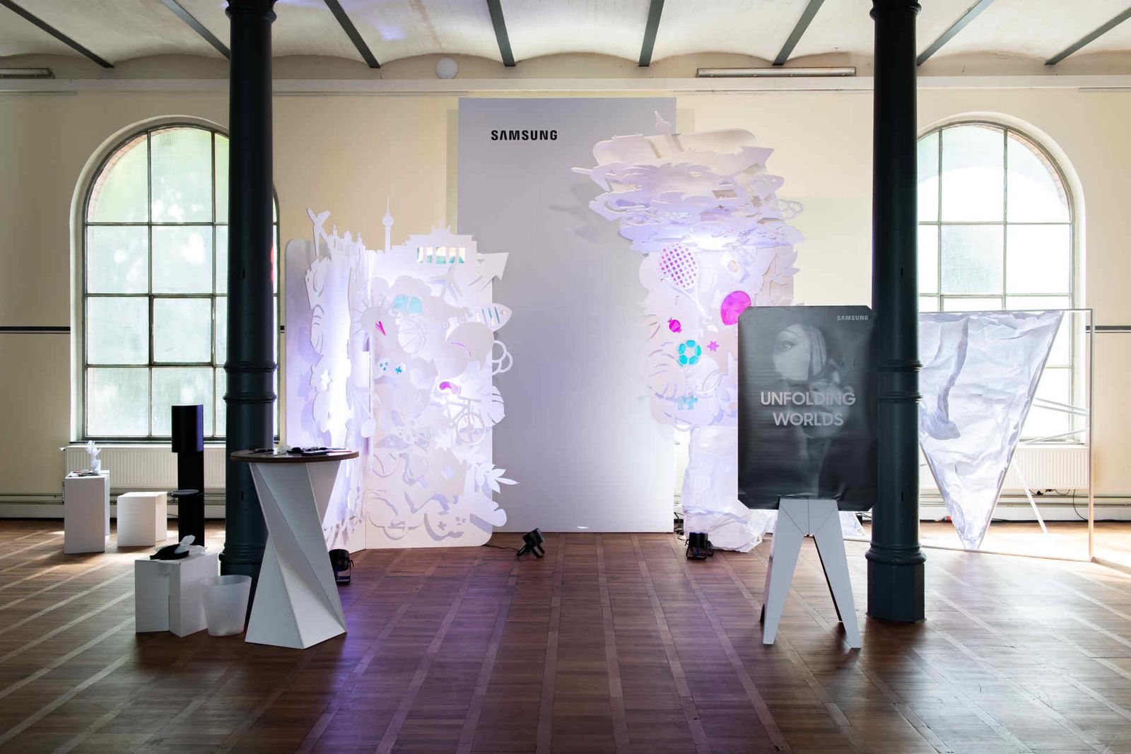 Installation with branding featuring large, bright elements.