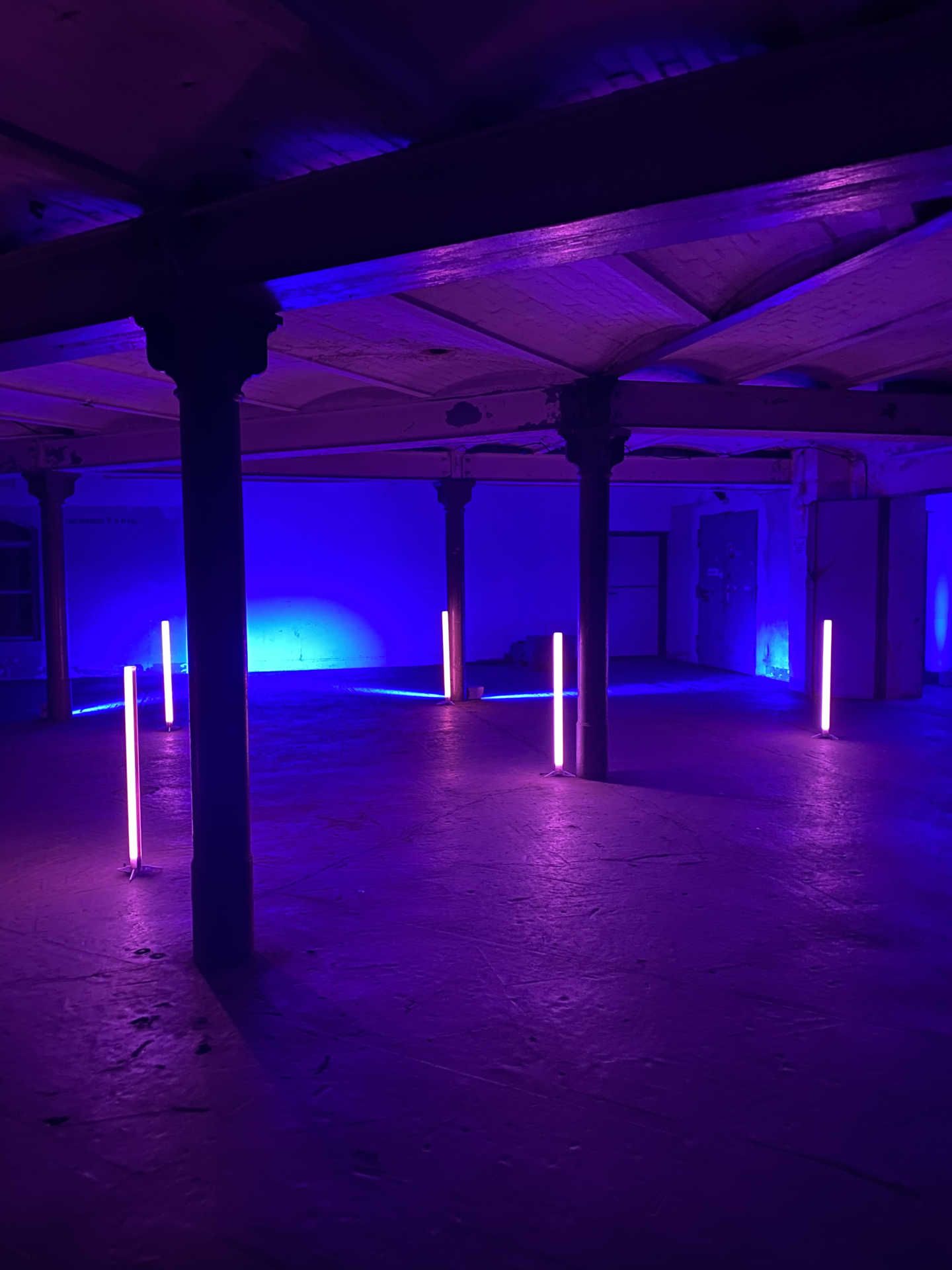 Industrial room with columns and standing neon tubes.