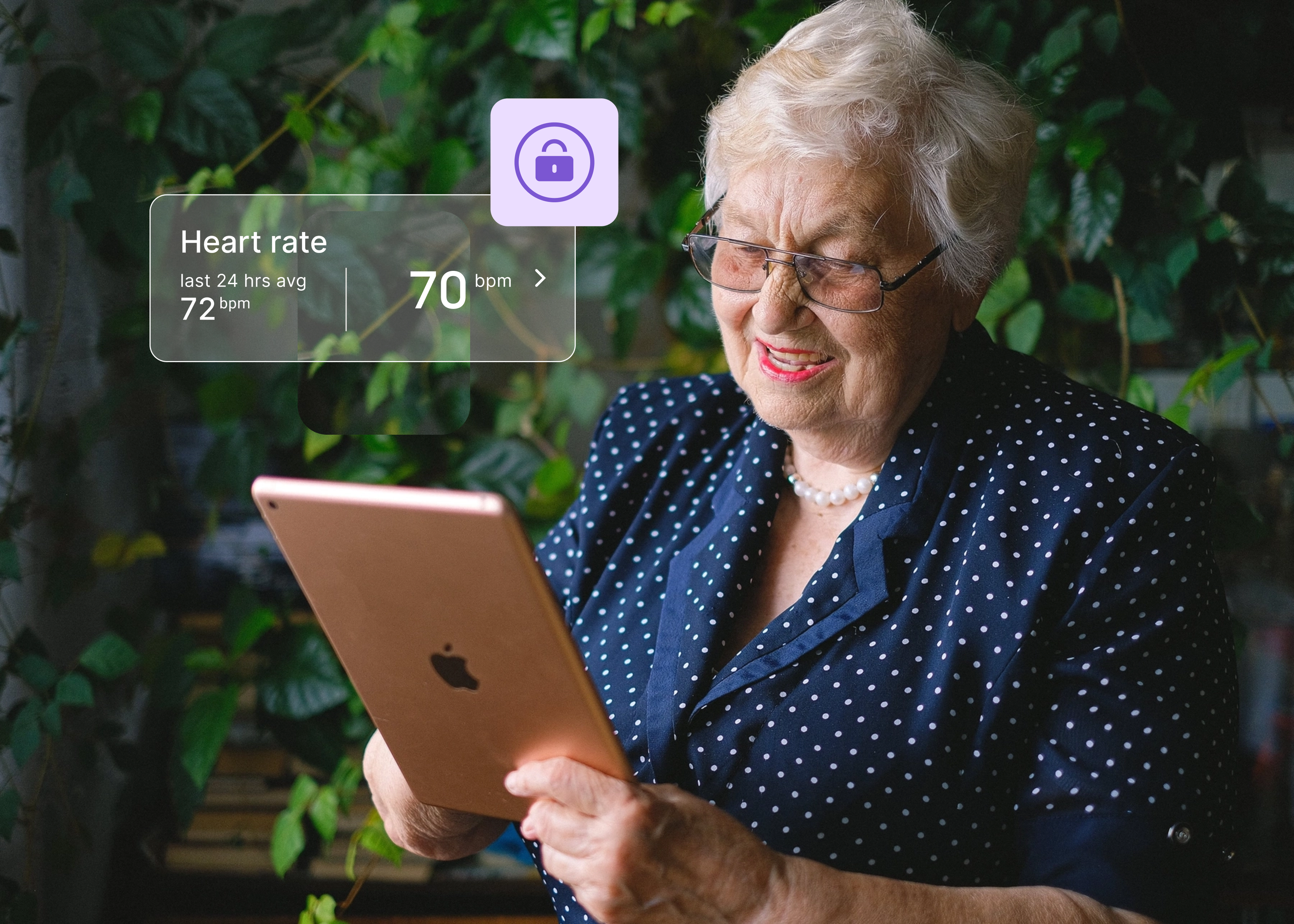 Woman looking at iPad, with a lock graphic above it