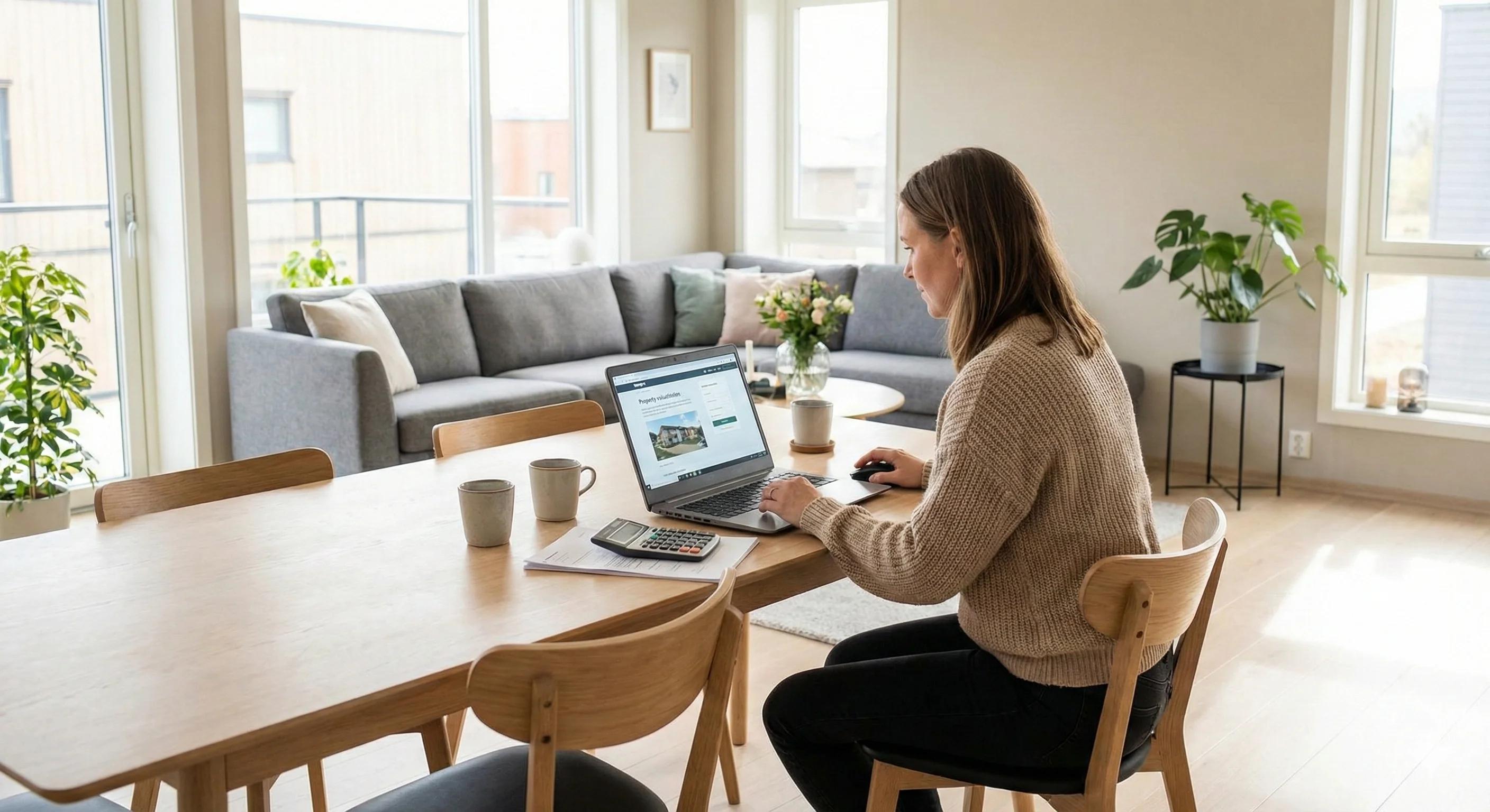 Kvinne som bruker Proprs digitale verktøy for verdivurdering av bolig på laptop for å sette riktig prisantydning.