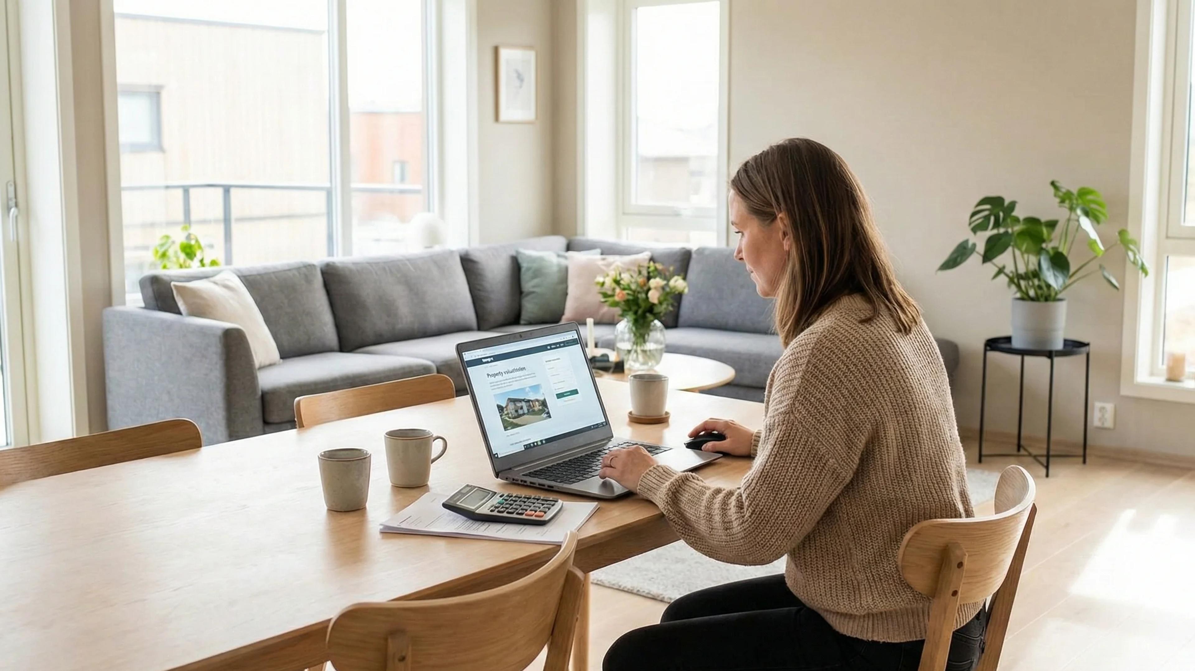 Kvinne som bruker Proprs digitale verktøy for verdivurdering av bolig på laptop for å sette riktig prisantydning.